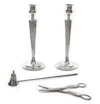 A Pair of American Silver Candlesticks, 20th Century, of oval baluster form, weighted; together with an American silver candle snuff an