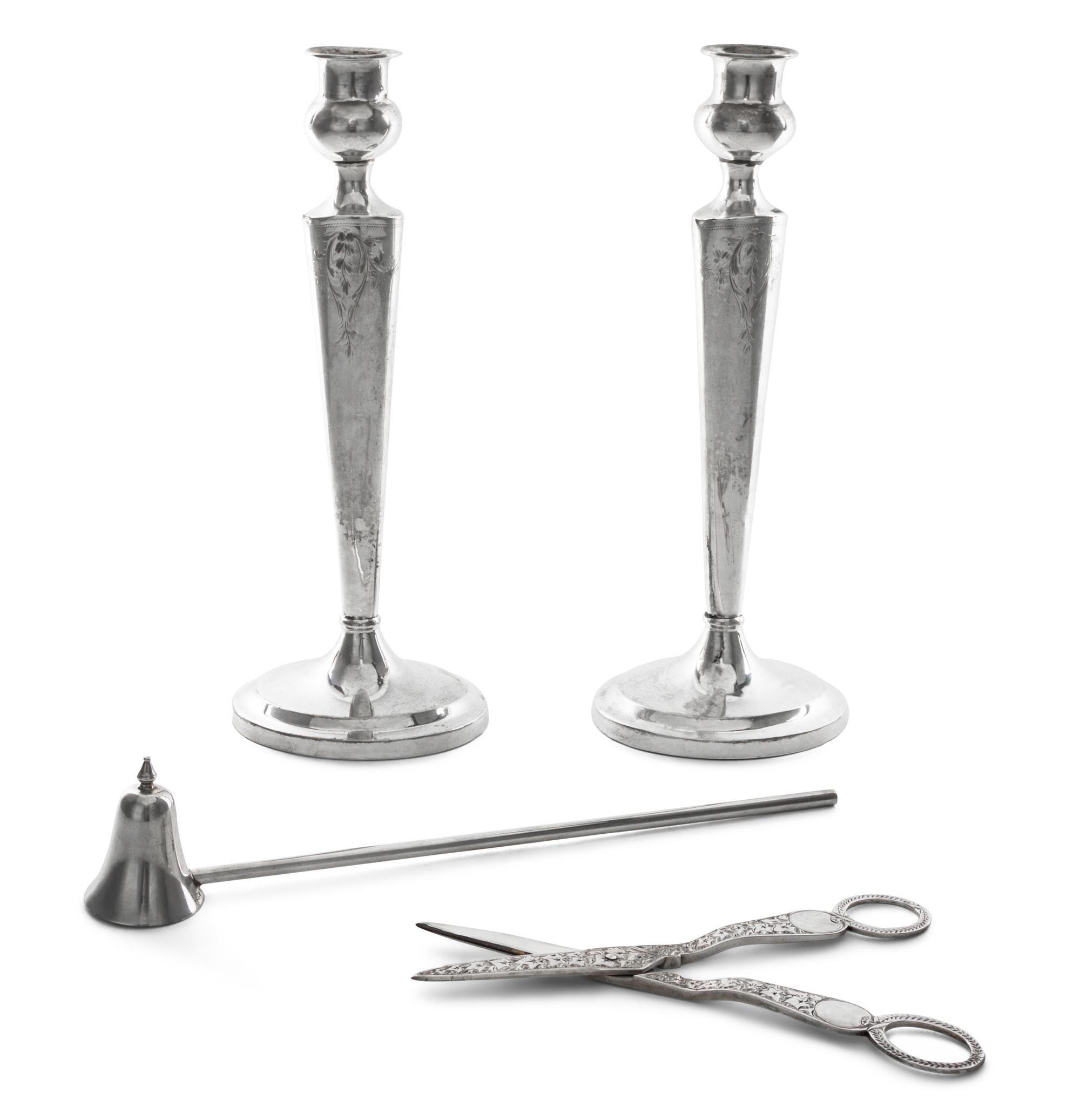 A Pair of American Silver Candlesticks, 20th Century, of oval baluster form, weighted; together with an American silver candle snuff an