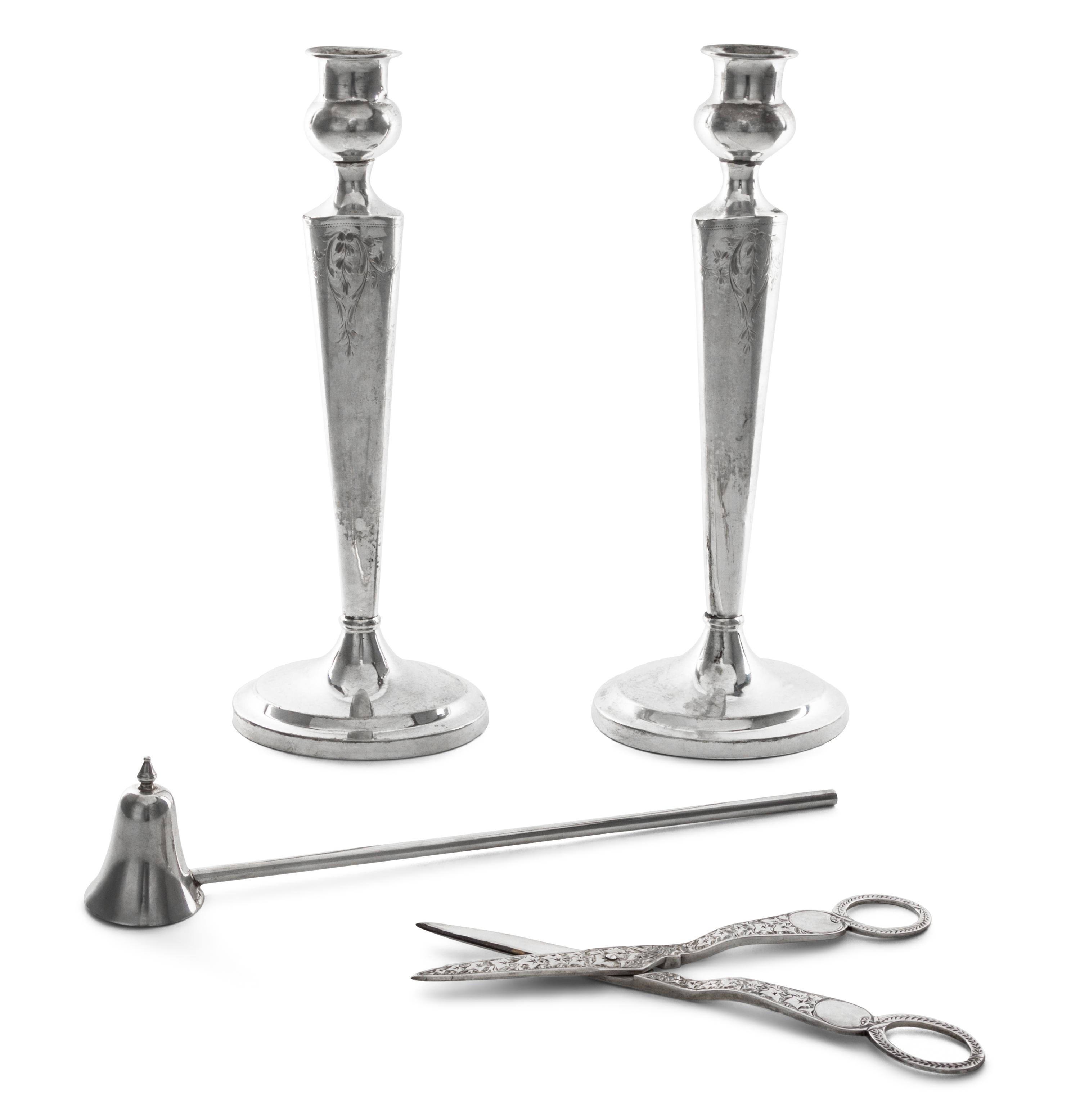 A Pair of American Silver Candlesticks, 20th Century, of oval baluster form, weighted; together with an American silver candle snuff an