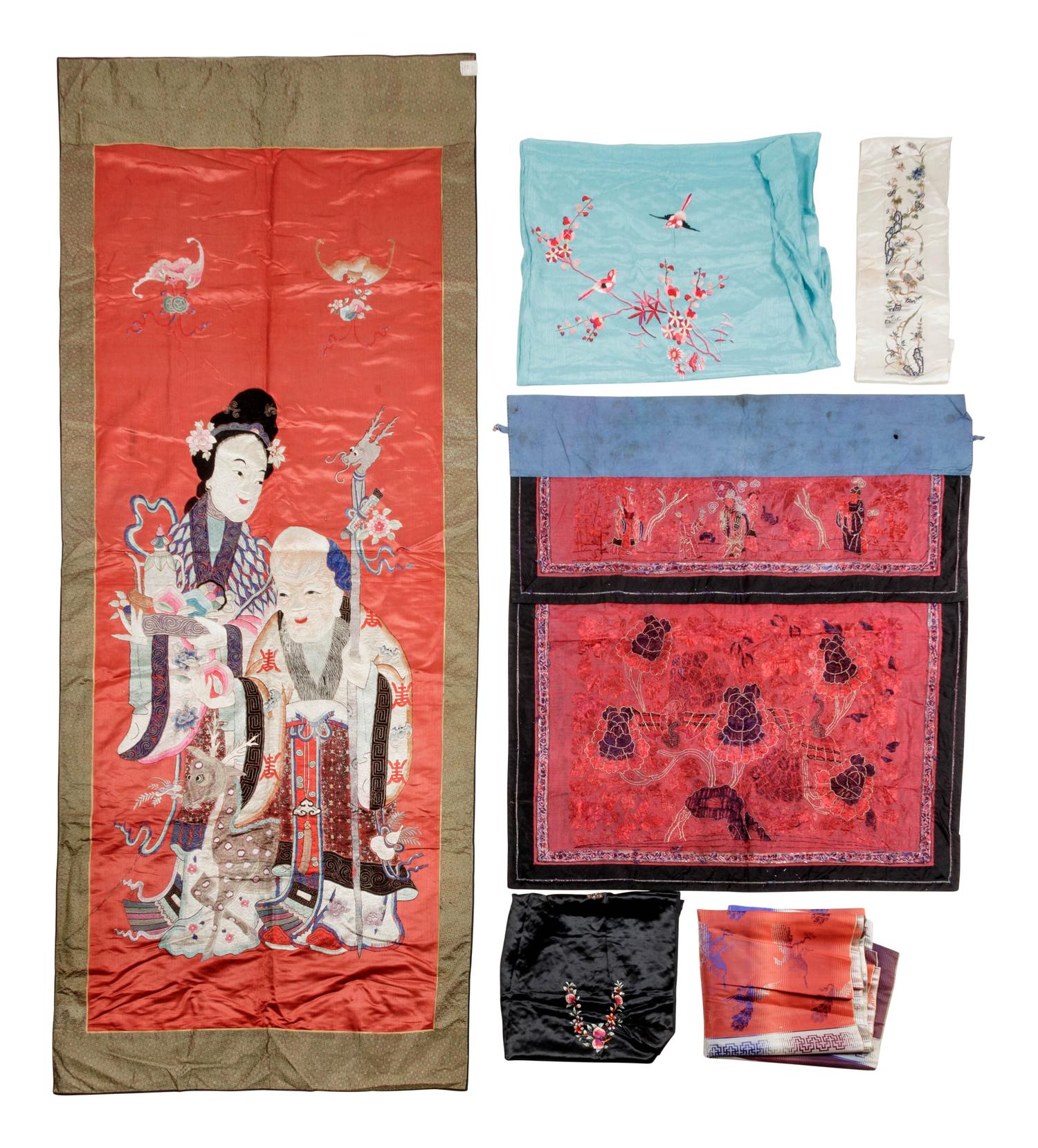 Six Chinese Embroidered and Woven Silk Panels
