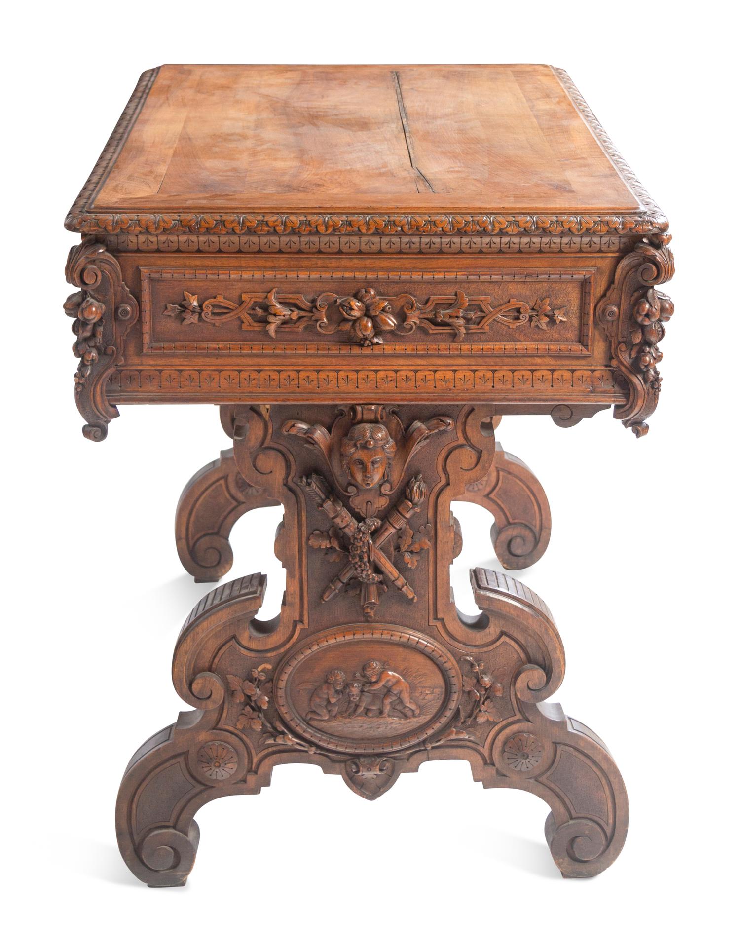 A Swiss Cylinder Music Box in a Carved Walnut Case and Stand