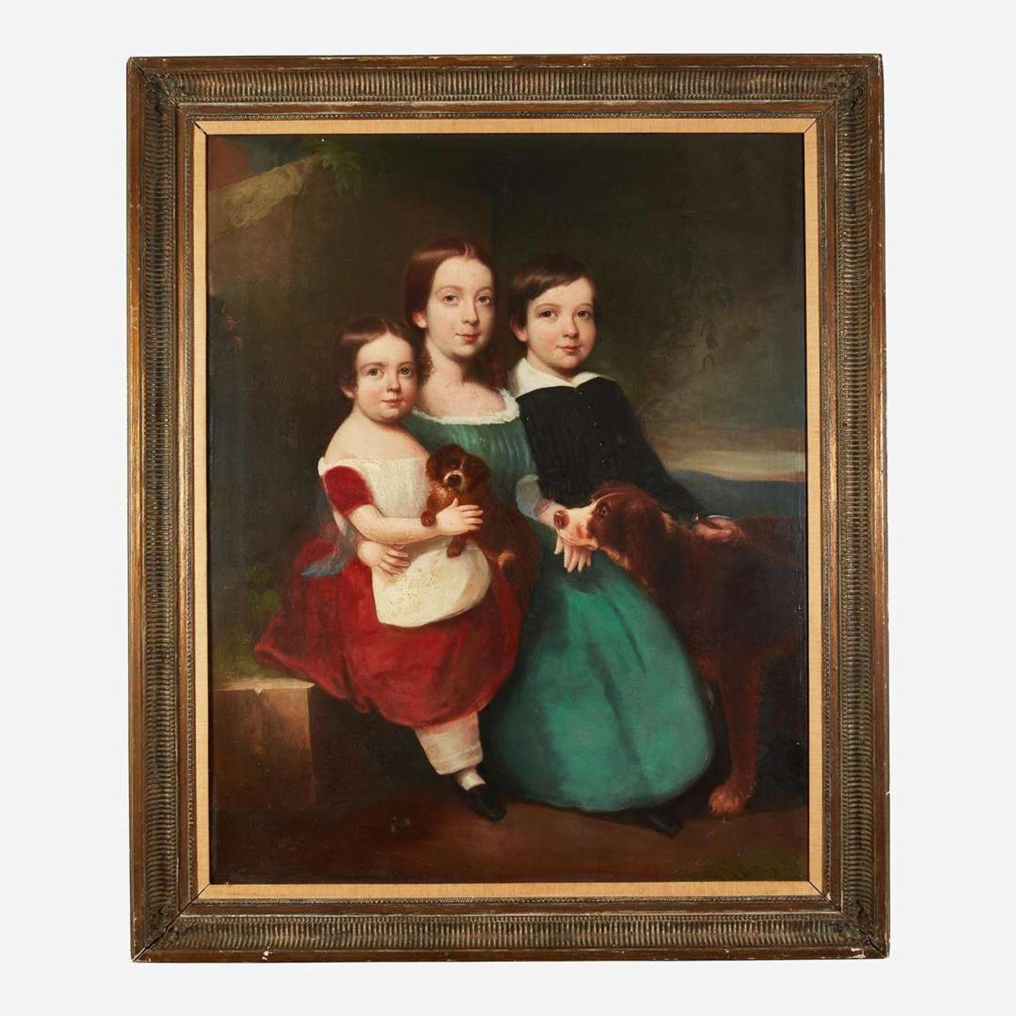 Alvan Fisher (1792-1863) Portrait of Three Children and Their Dogs