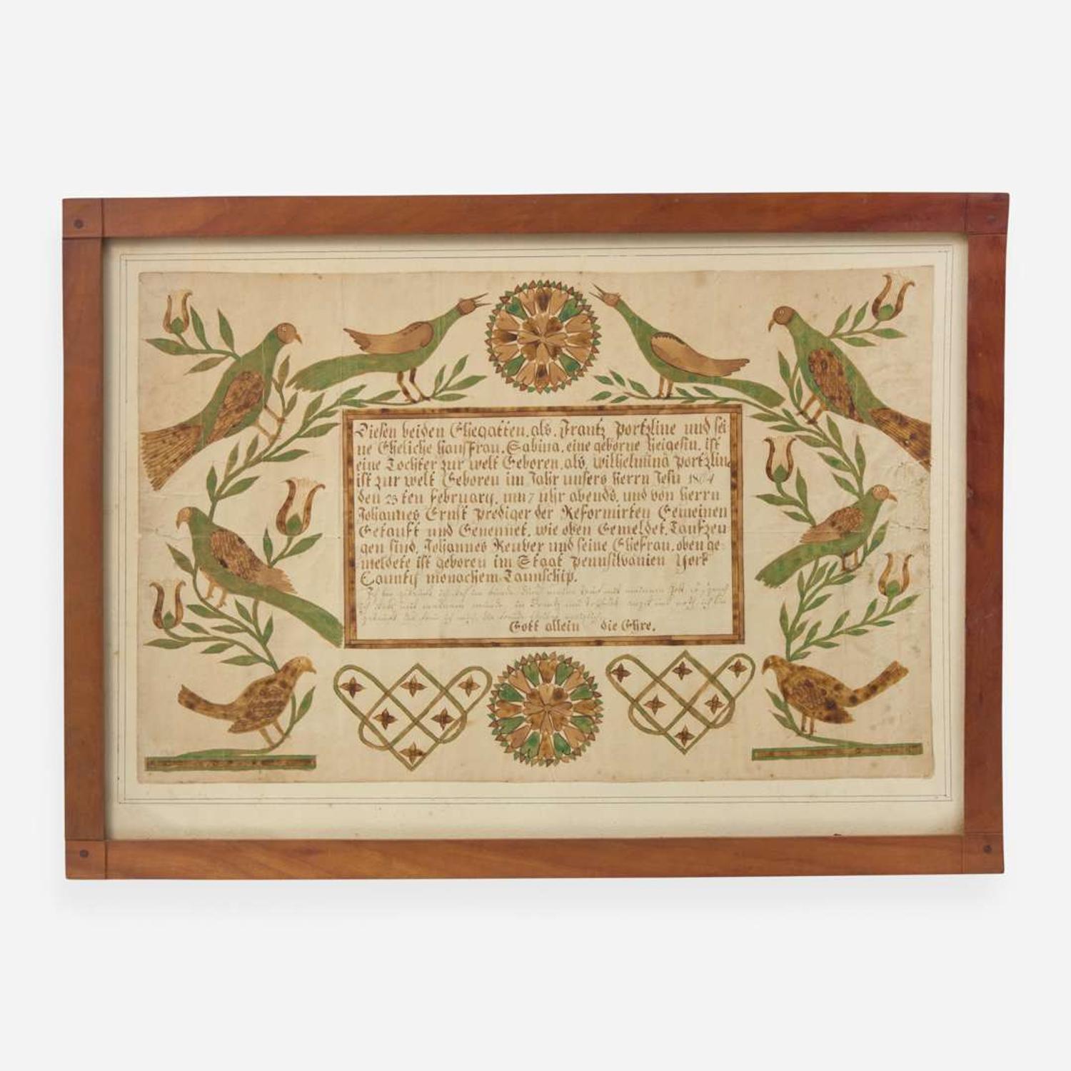 Frances Portzline (1771-1857), York County, PA A Fraktur birth and baptism record for Wilhelmina Portzline