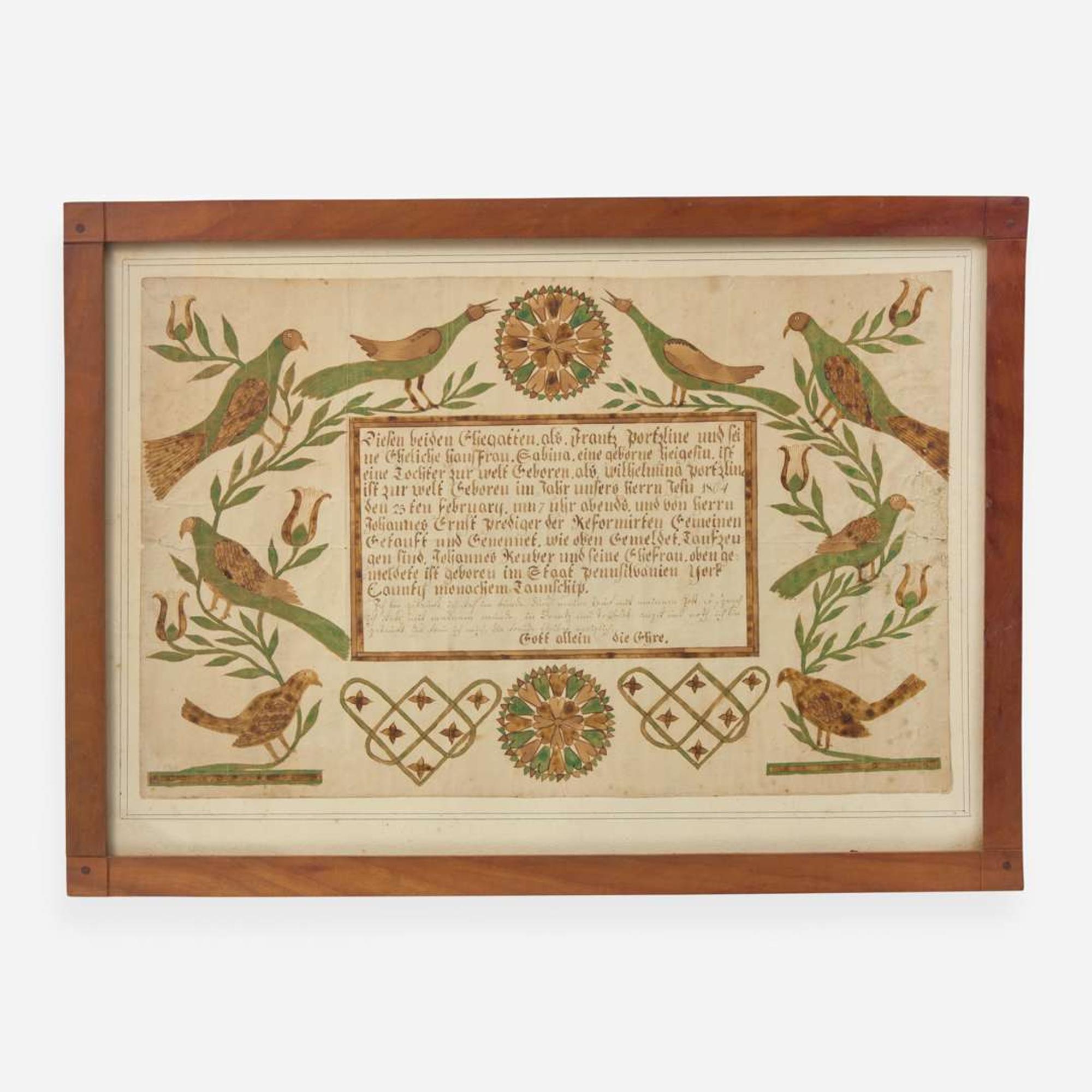 Frances Portzline (1771-1857), York County, PA A Fraktur birth and baptism record for Wilhelmina Portzline