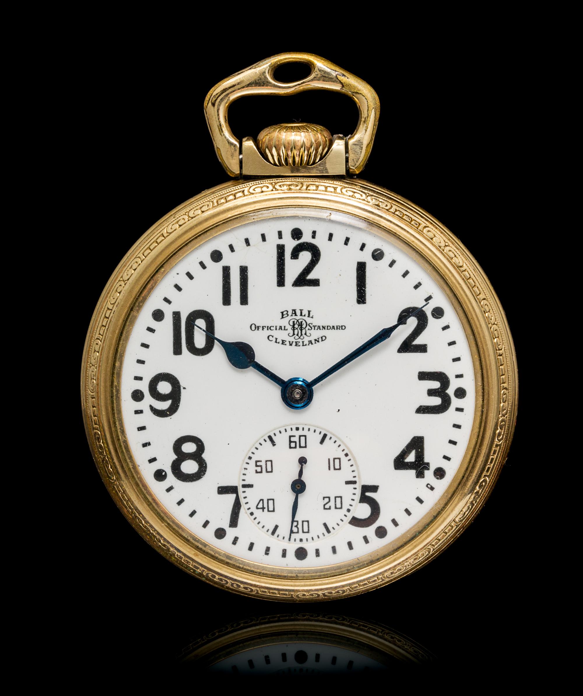 A Yellow Gold Filled Open Face "Official Standard" Railroad Pocket Watch, Ball,