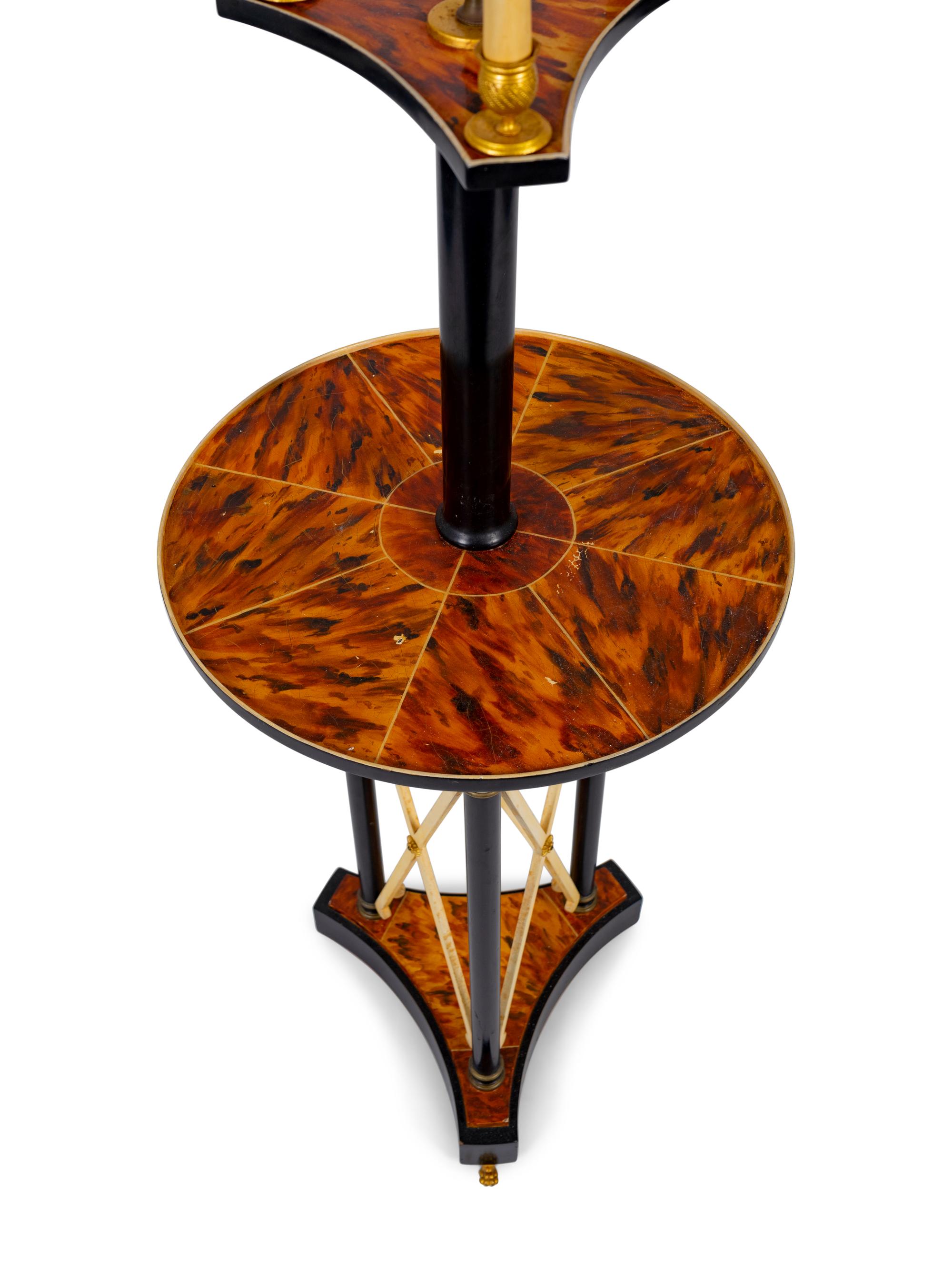 A Neoclassical Style Faux Tortoiseshell and Ebonized Tole Floor Lamp with Table — 20TH CENTURY