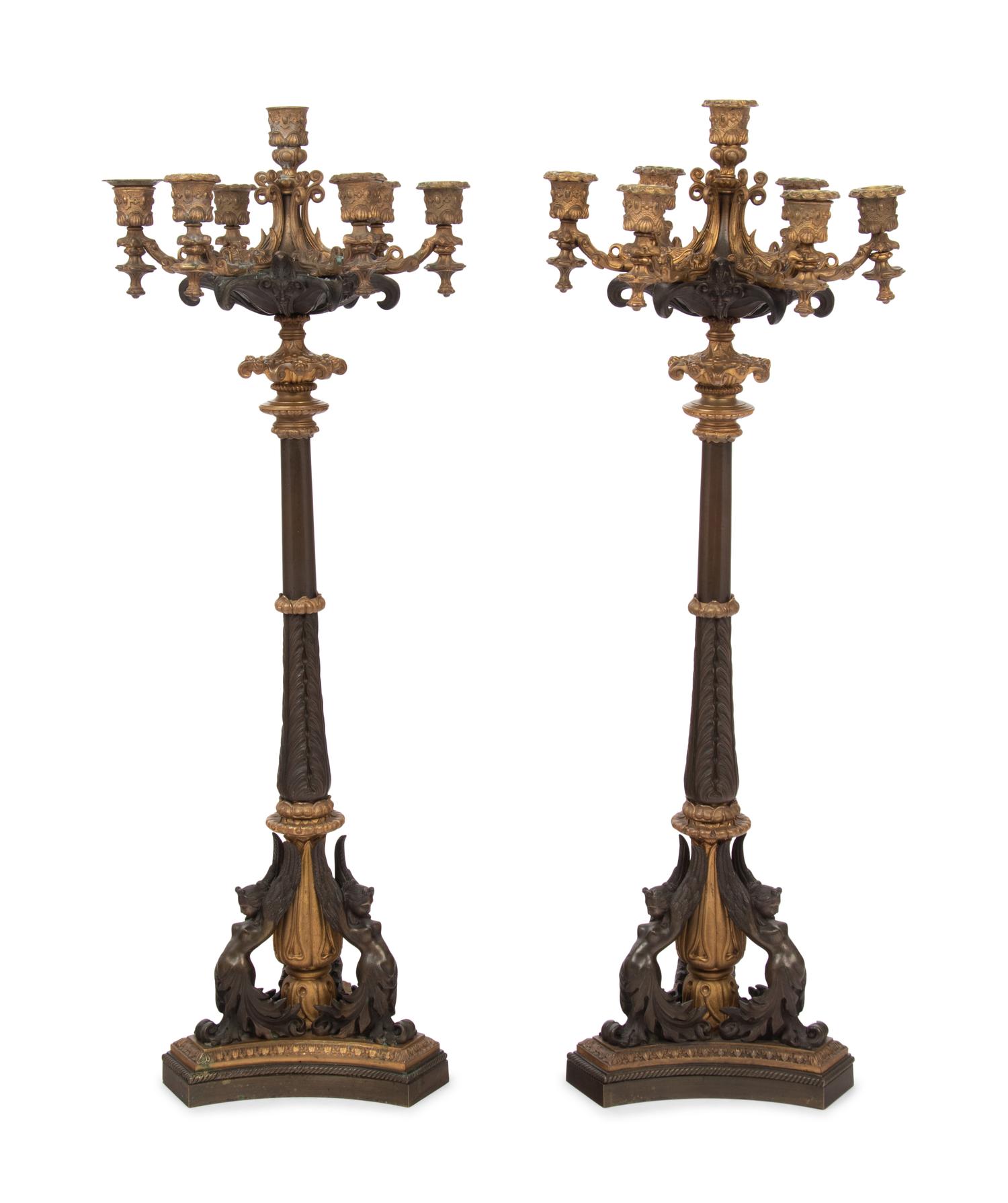 A Pair of French Neoclassical Gilt and Patinated Bronze Seven-Light Candelabra