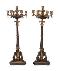 A Pair of French Neoclassical Gilt and Patinated Bronze Seven-Light Candelabra