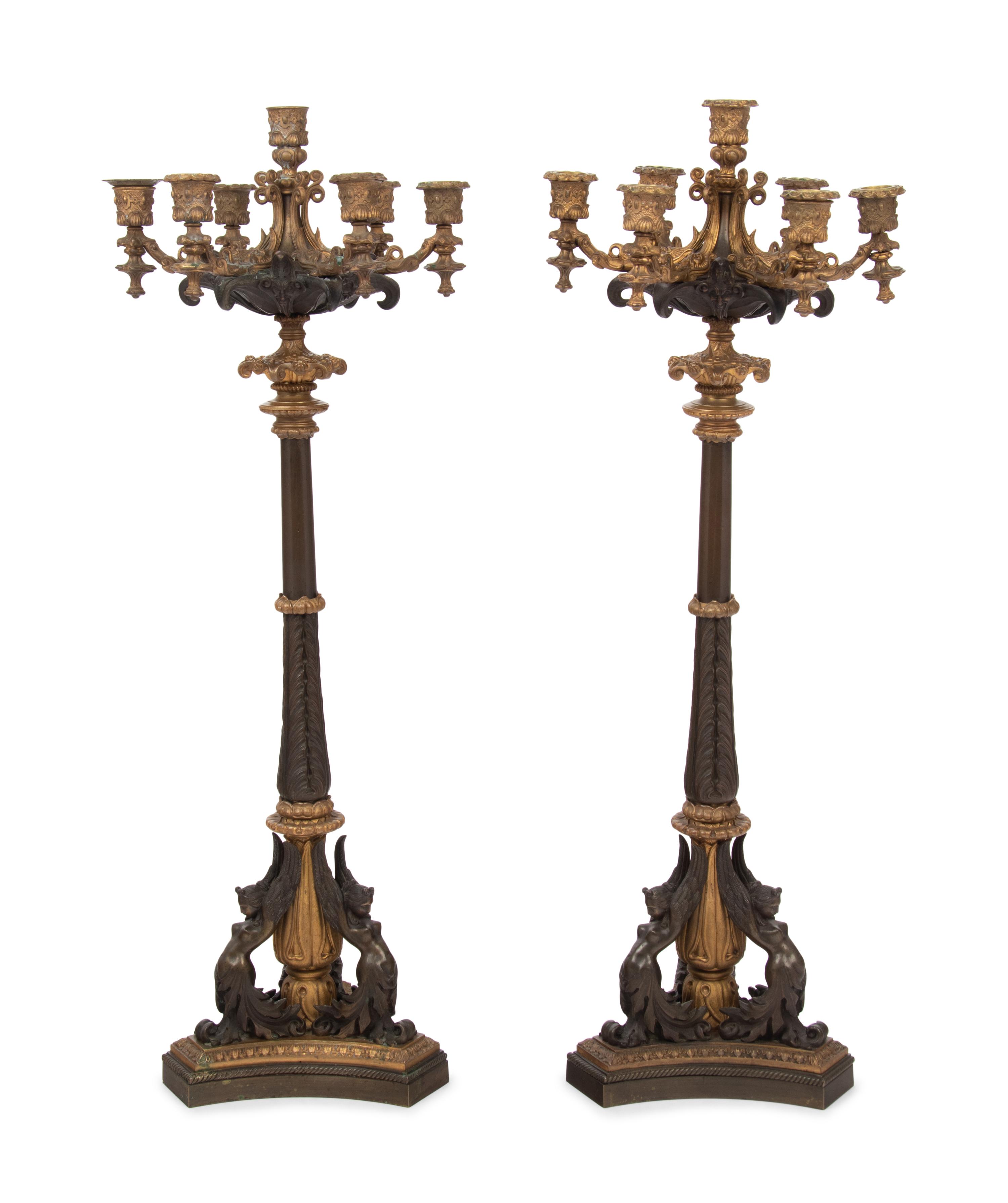 A Pair of French Neoclassical Gilt and Patinated Bronze Seven-Light Candelabra
