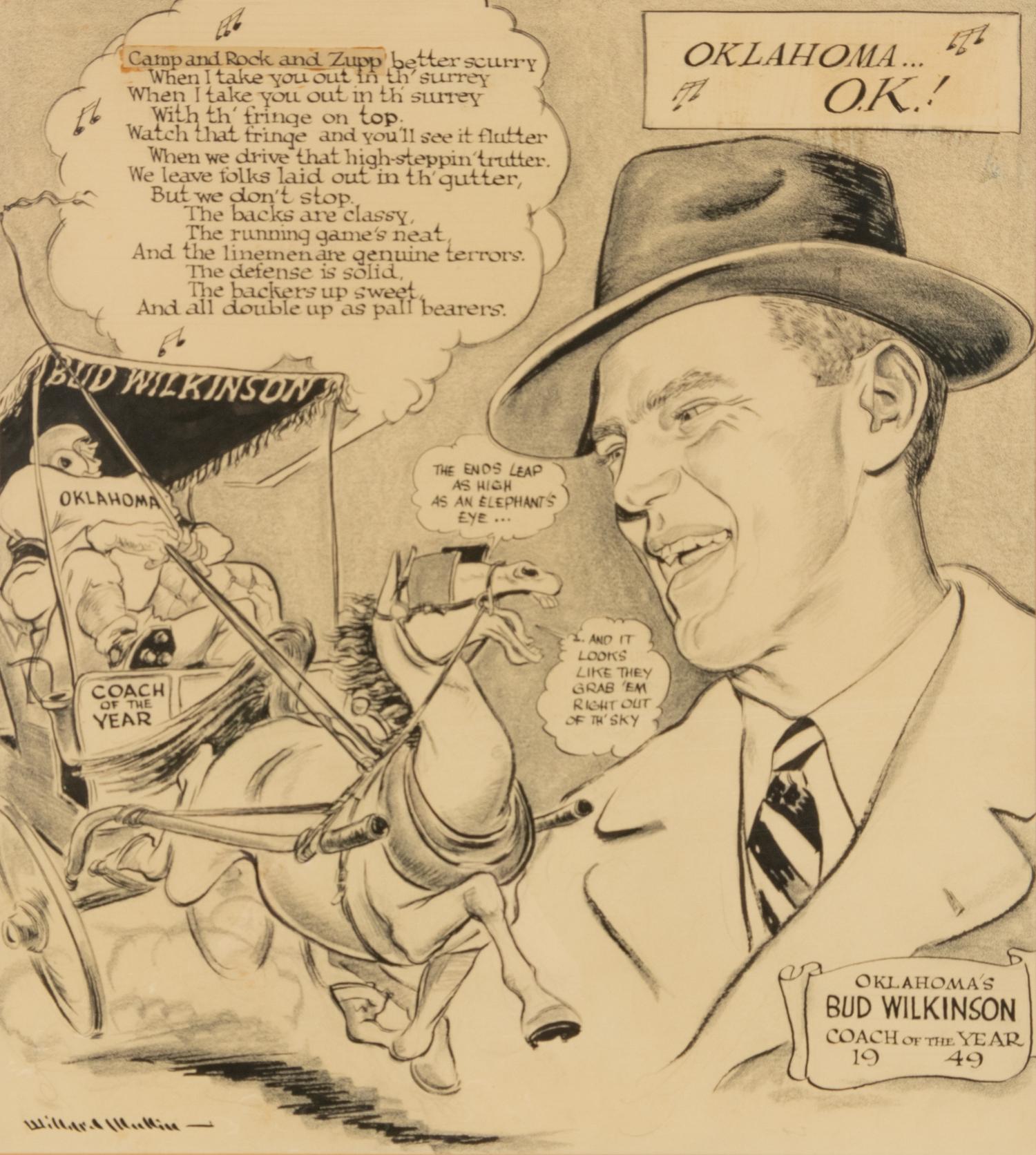A 1949 Willard Mullin Original Cartoon from The Collection of Hall of Fame Oklahoma Football Coach Bud Wilkinson