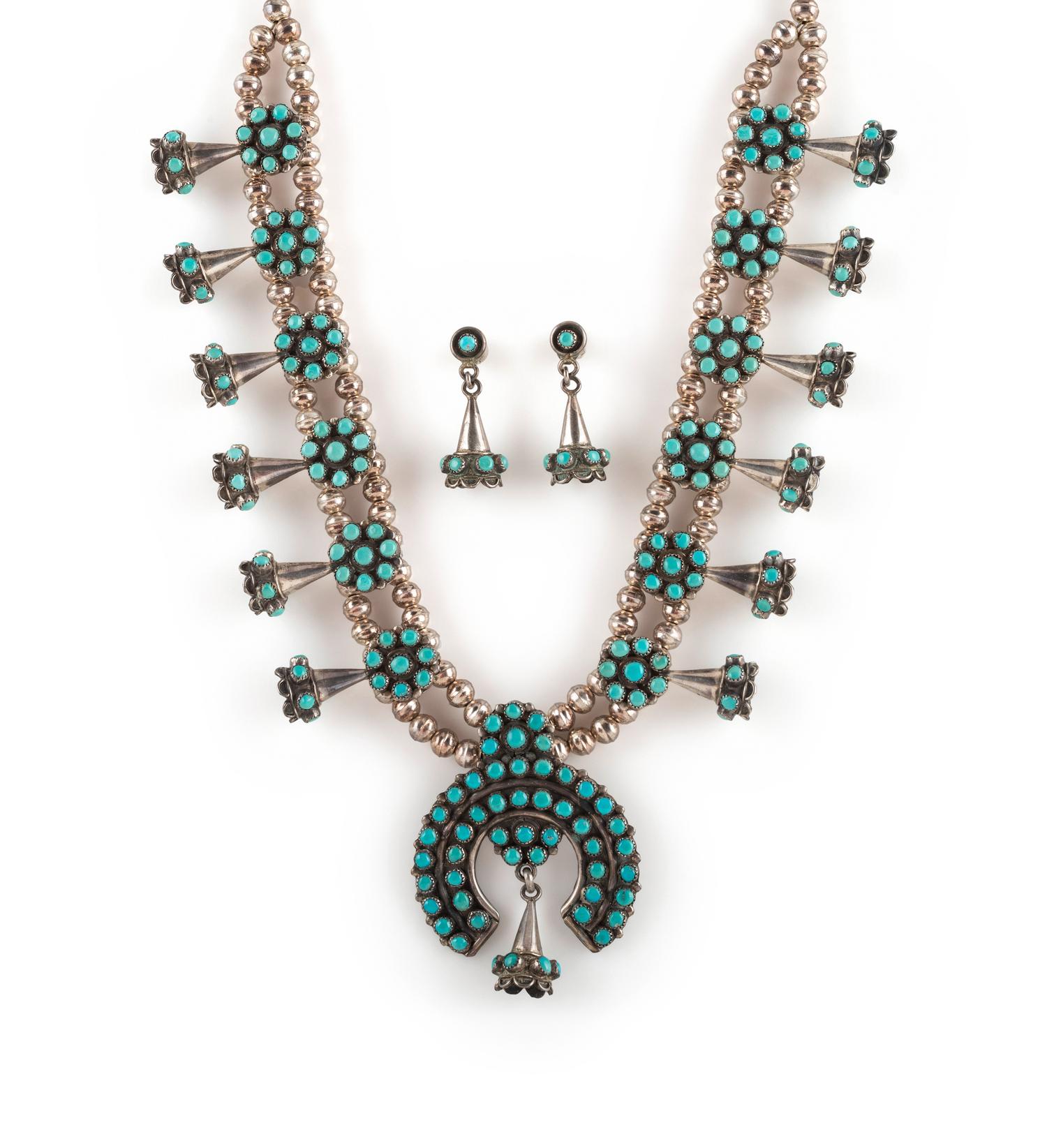 Zuni Petite Silver and Petit Point Turquoise Squash Blossom Necklace and Matching Post Earrings