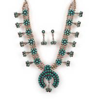 Zuni Petite Silver and Petit Point Turquoise Squash Blossom Necklace and Matching Post Earrings