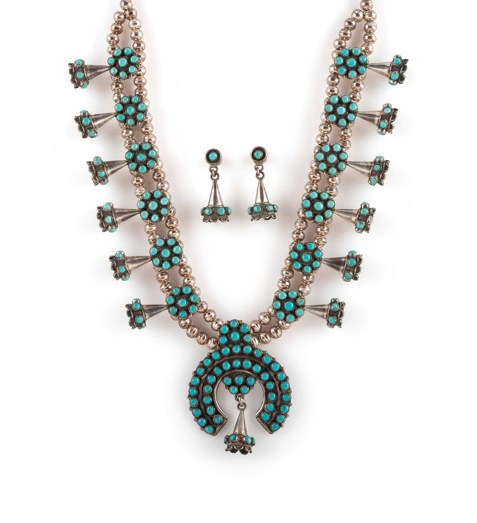 Zuni Petite Silver and Petit Point Turquoise Squash Blossom Necklace and Matching Post Earrings