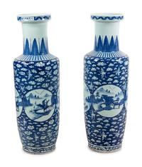 A Pair of Chinese Blue and White Porcelain Rouleau Vases