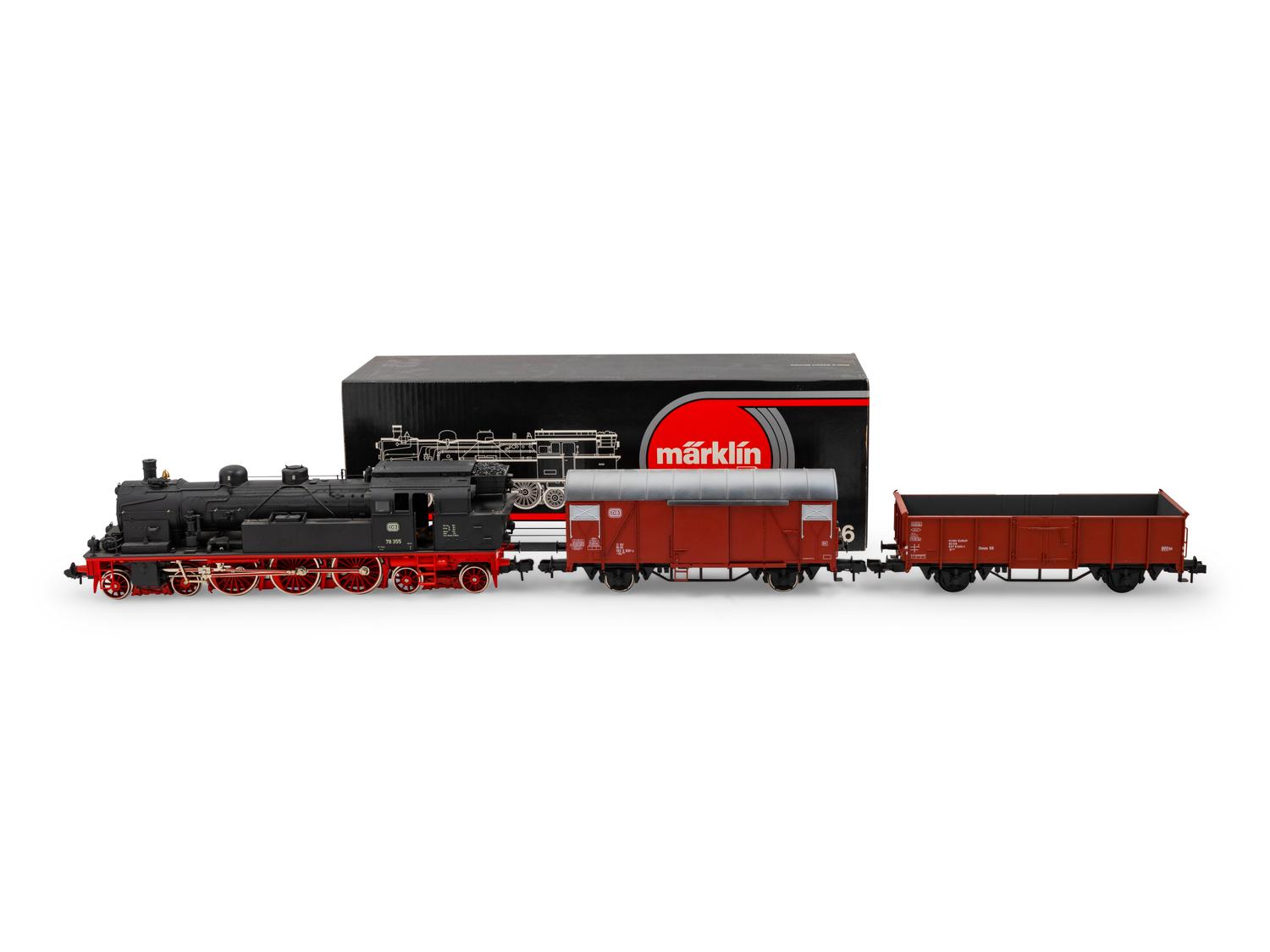A Marklin: LGB Polychrome G-Gauge DB 4-6-4 Locomotive, Box Car and Open-Hopper Car