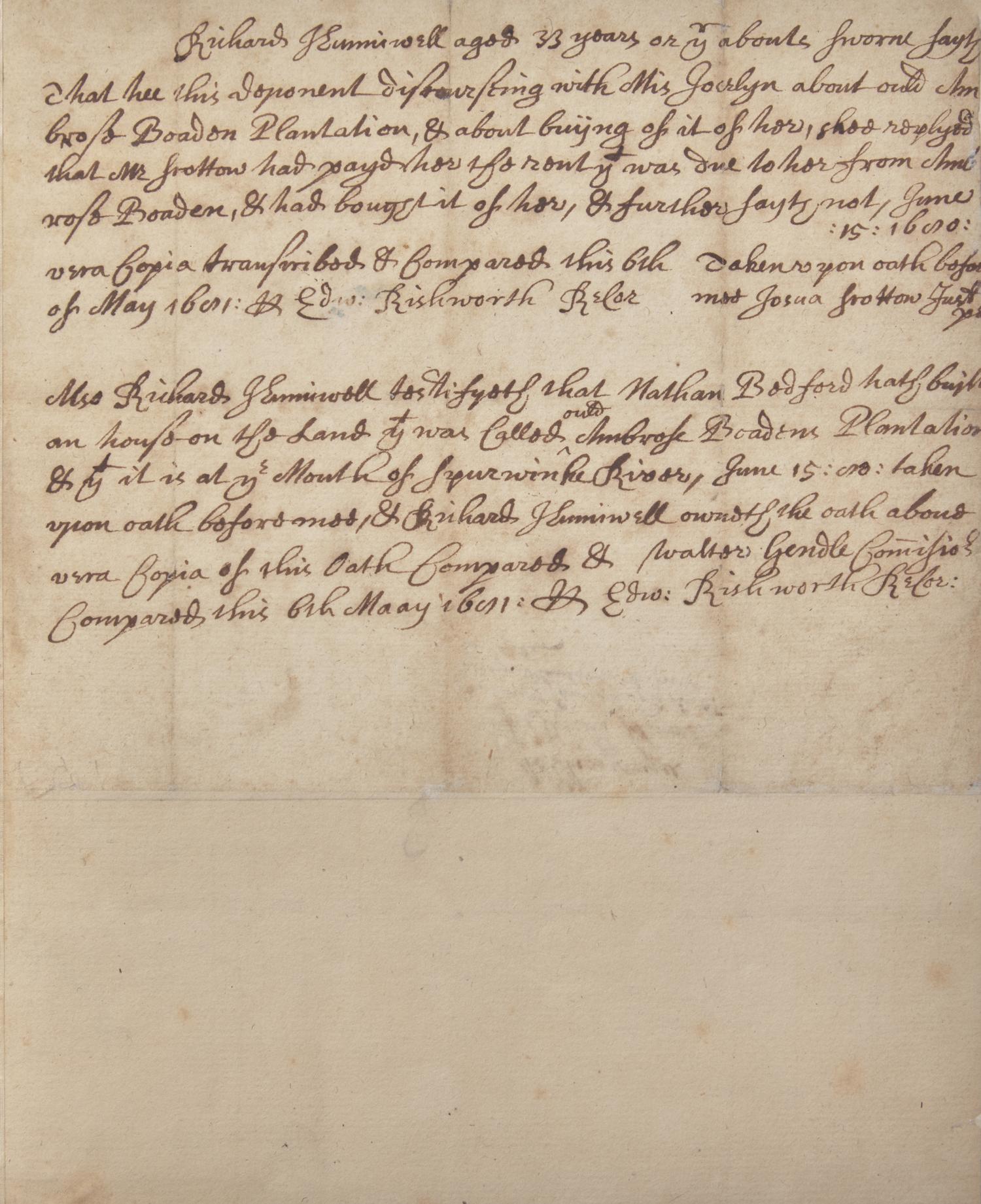 [Colonial America] Rishworth, Edward. Group of 3 Autograph Legal Documents, signed