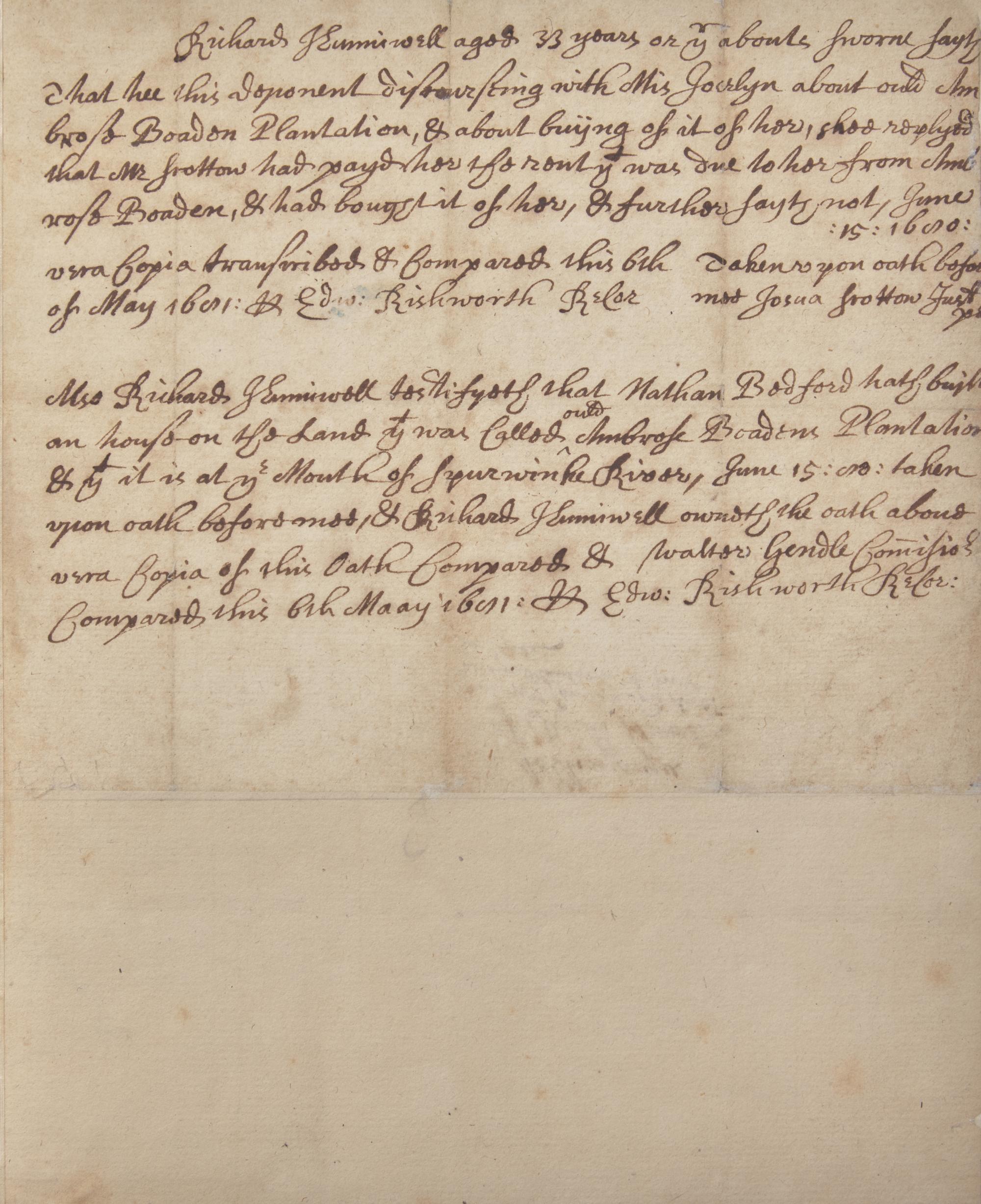 [Colonial America] Rishworth, Edward. Group of 3 Autograph Legal Documents, signed