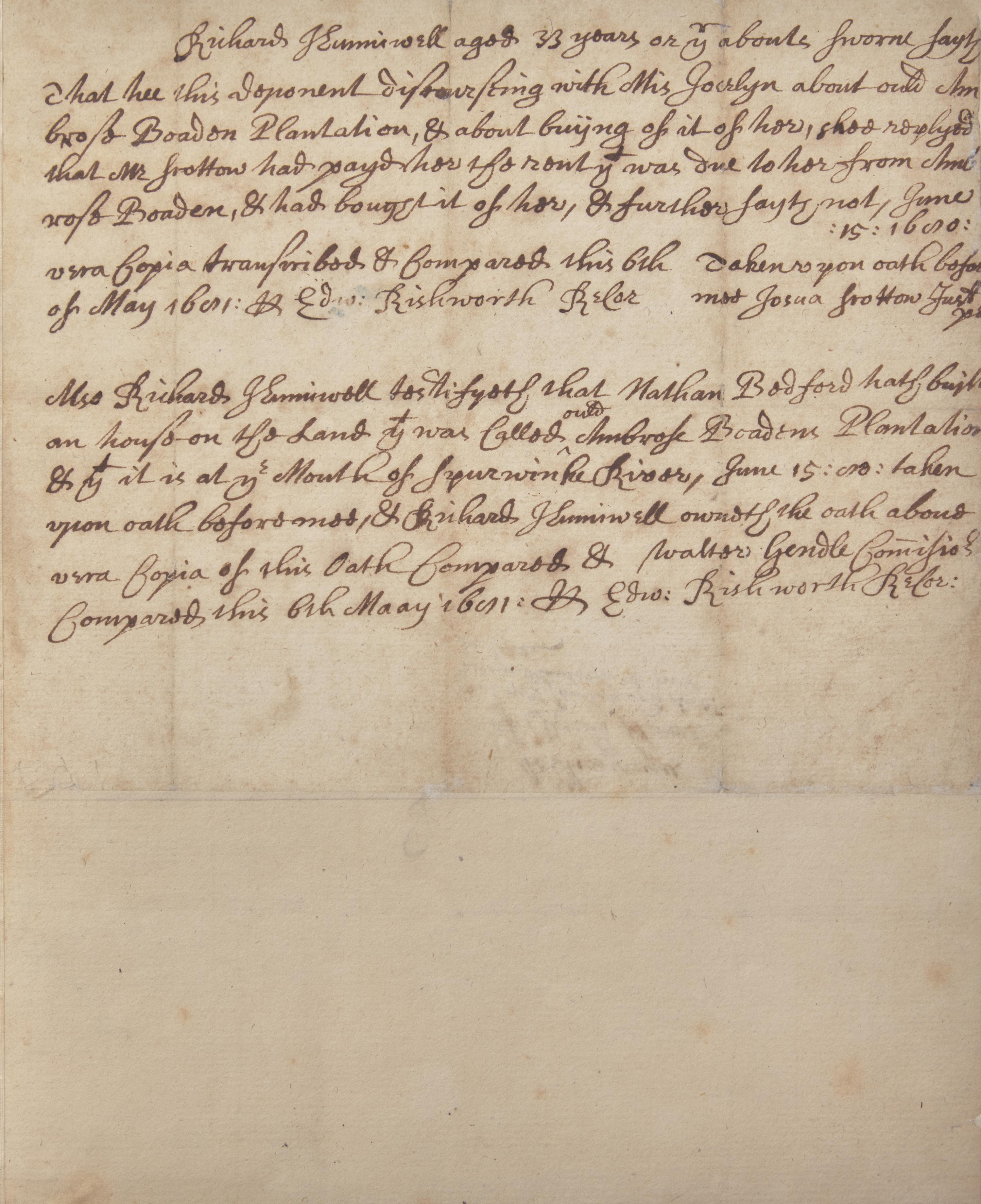 [Colonial America] Rishworth, Edward. Group of 3 Autograph Legal Documents, signed