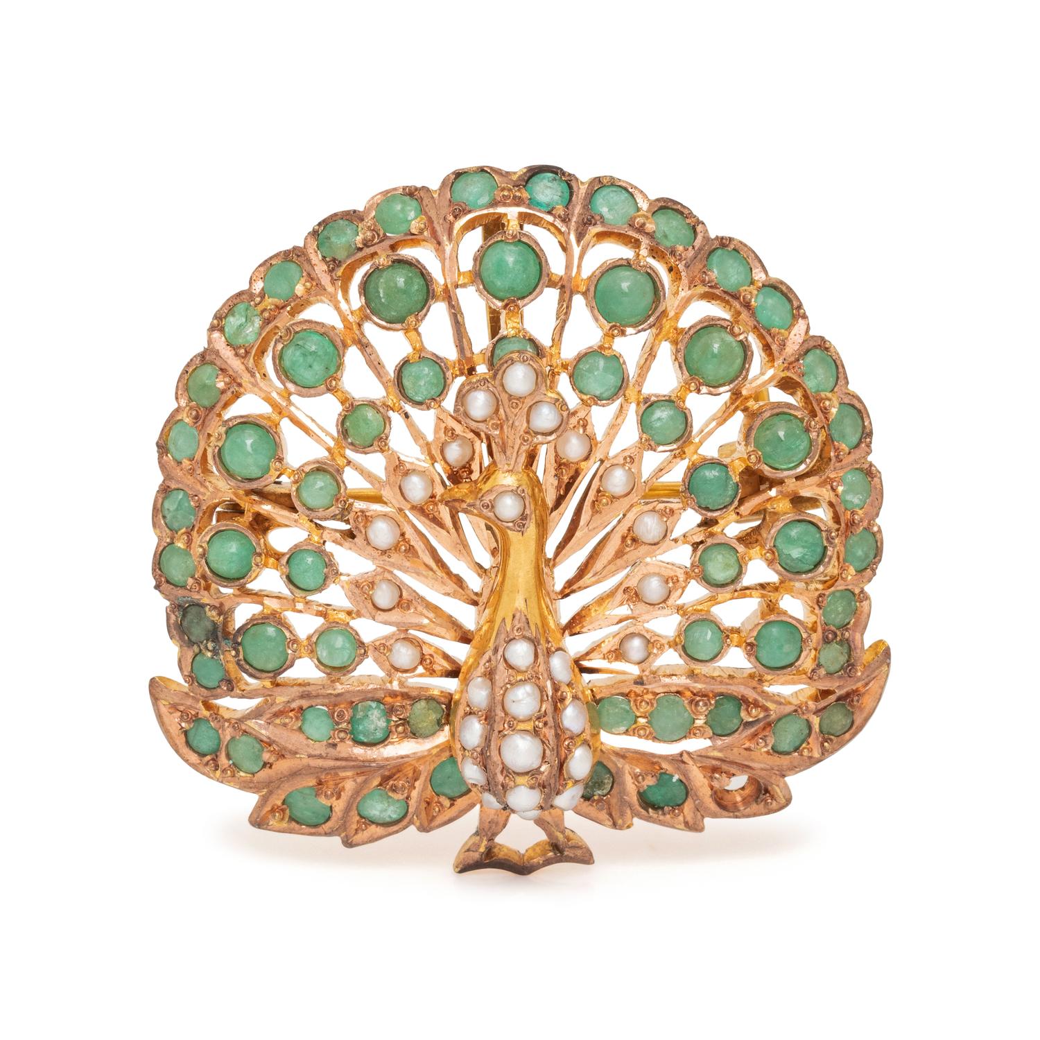 EMERALD AND SEED PEARL PEACOCK BROOCH