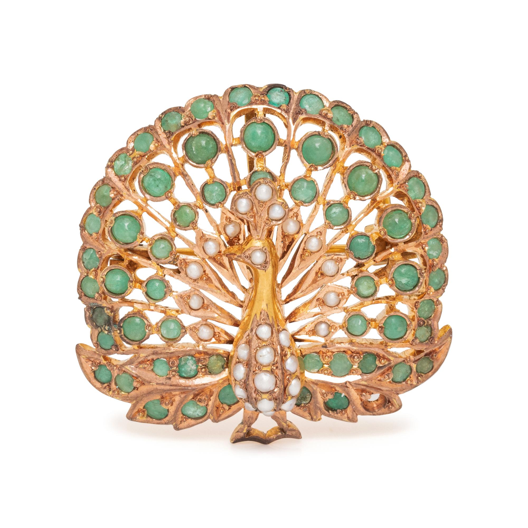 EMERALD AND SEED PEARL PEACOCK BROOCH