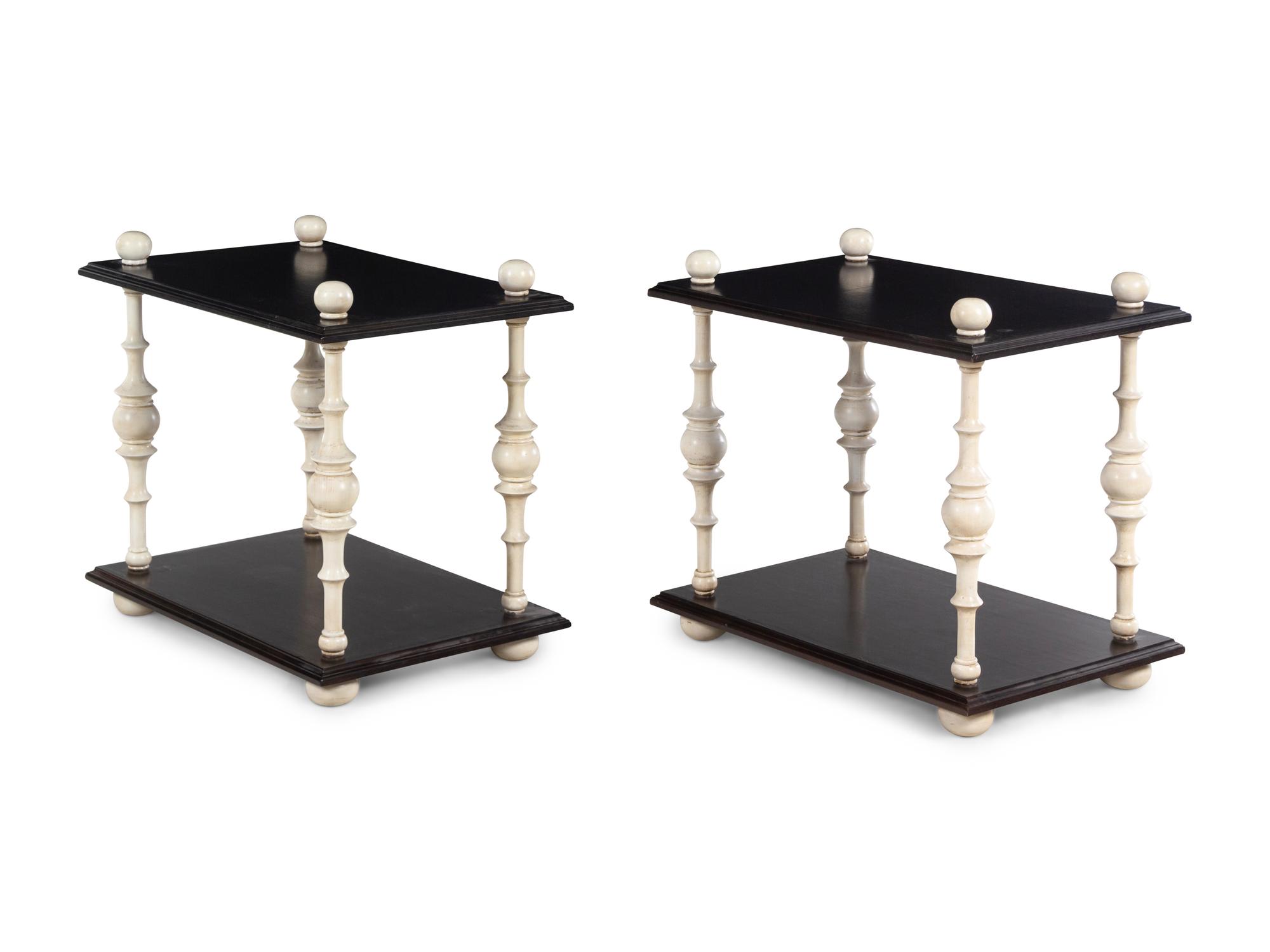 A Pair of Ebonized and White Painted Side Tables