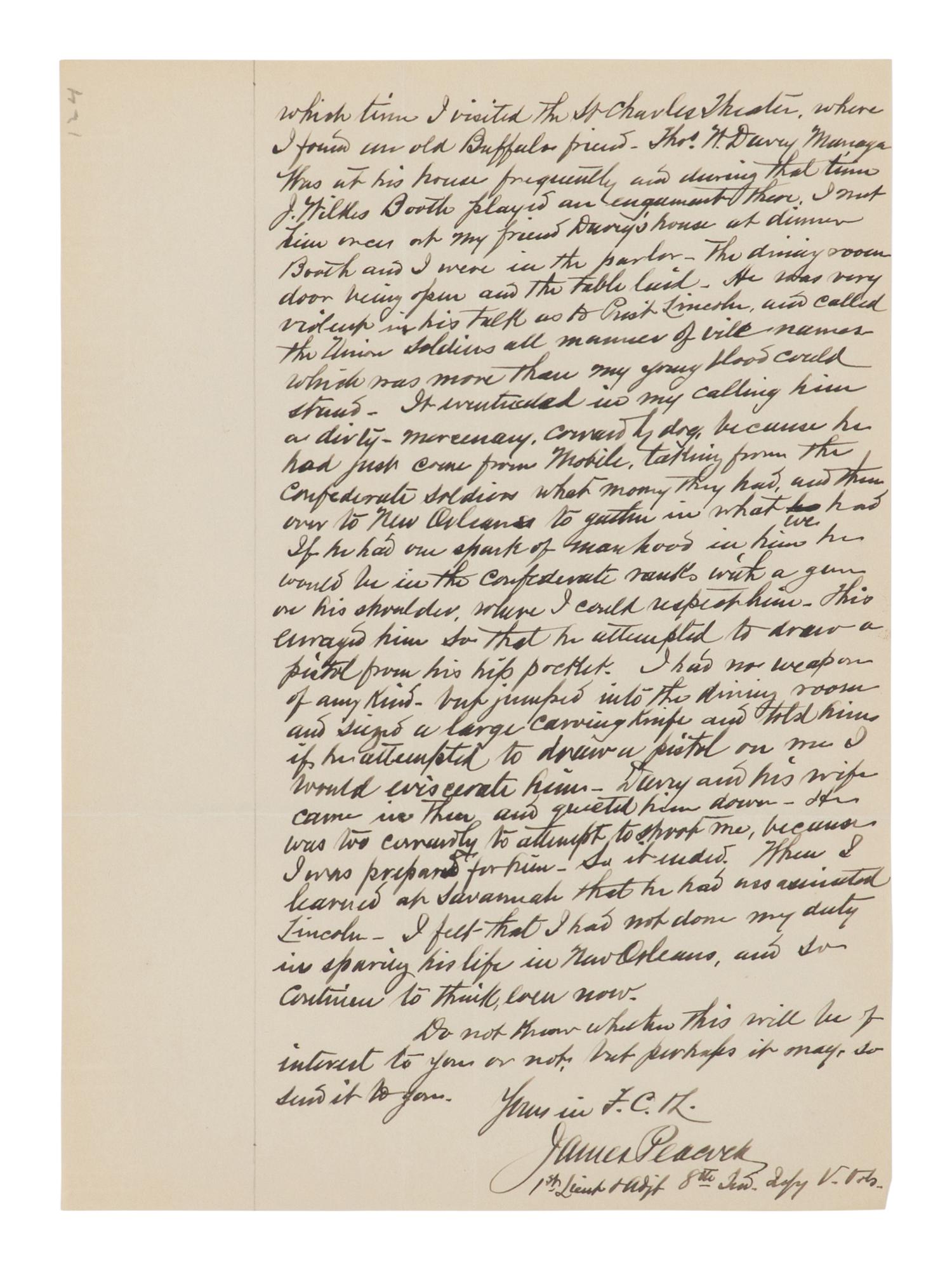 [BOOTH, John Wilkes (1838-1865)]. PEACOCK, James. Autograph letter signed ("James Peacock") to J.E. Boos. [Massilion], Ohio, 25 February 1914.