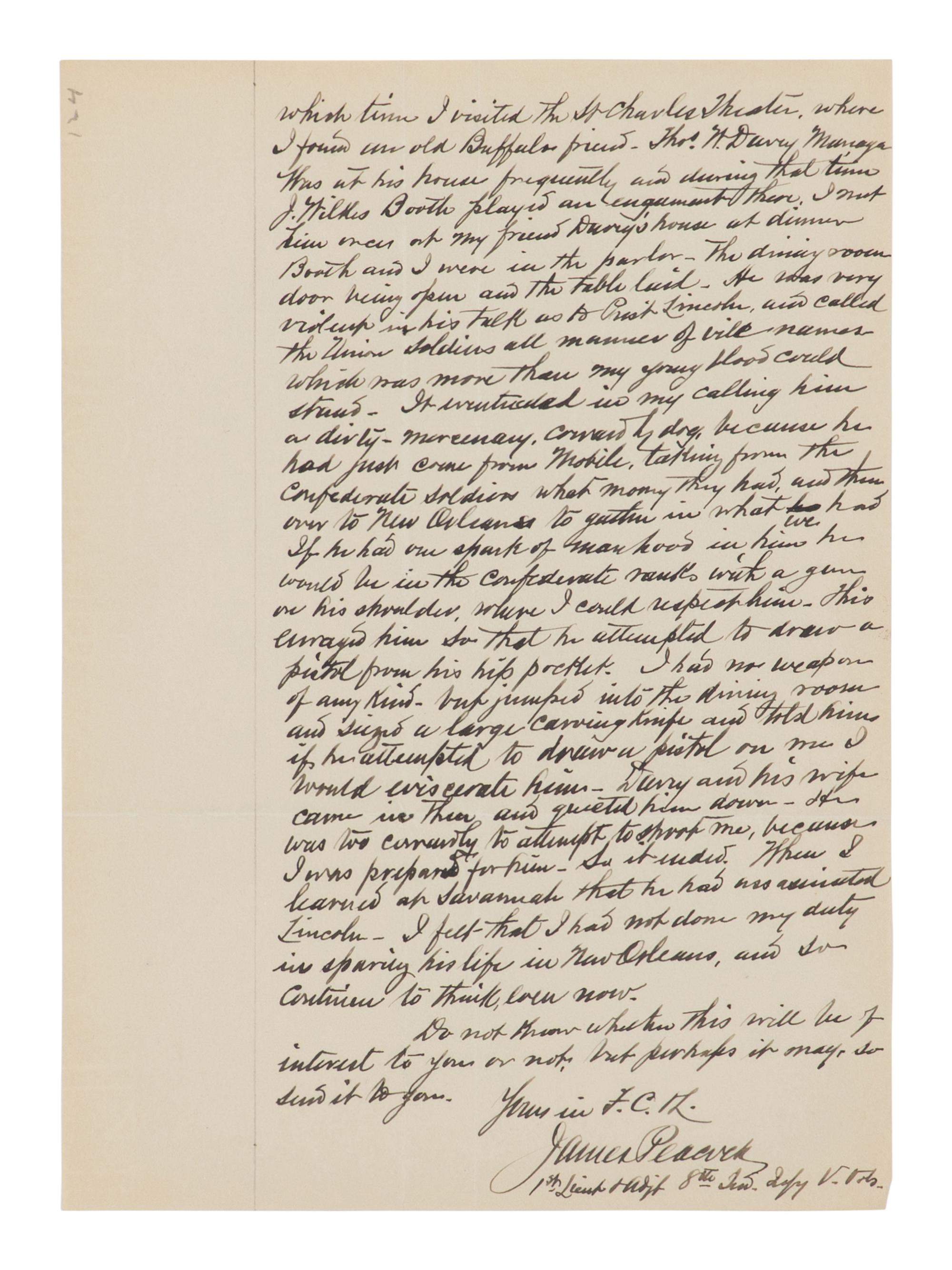 [BOOTH, John Wilkes (1838-1865)]. PEACOCK, James. Autograph letter signed ("James Peacock") to J.E. Boos. [Massilion], Ohio, 25 February 1914.