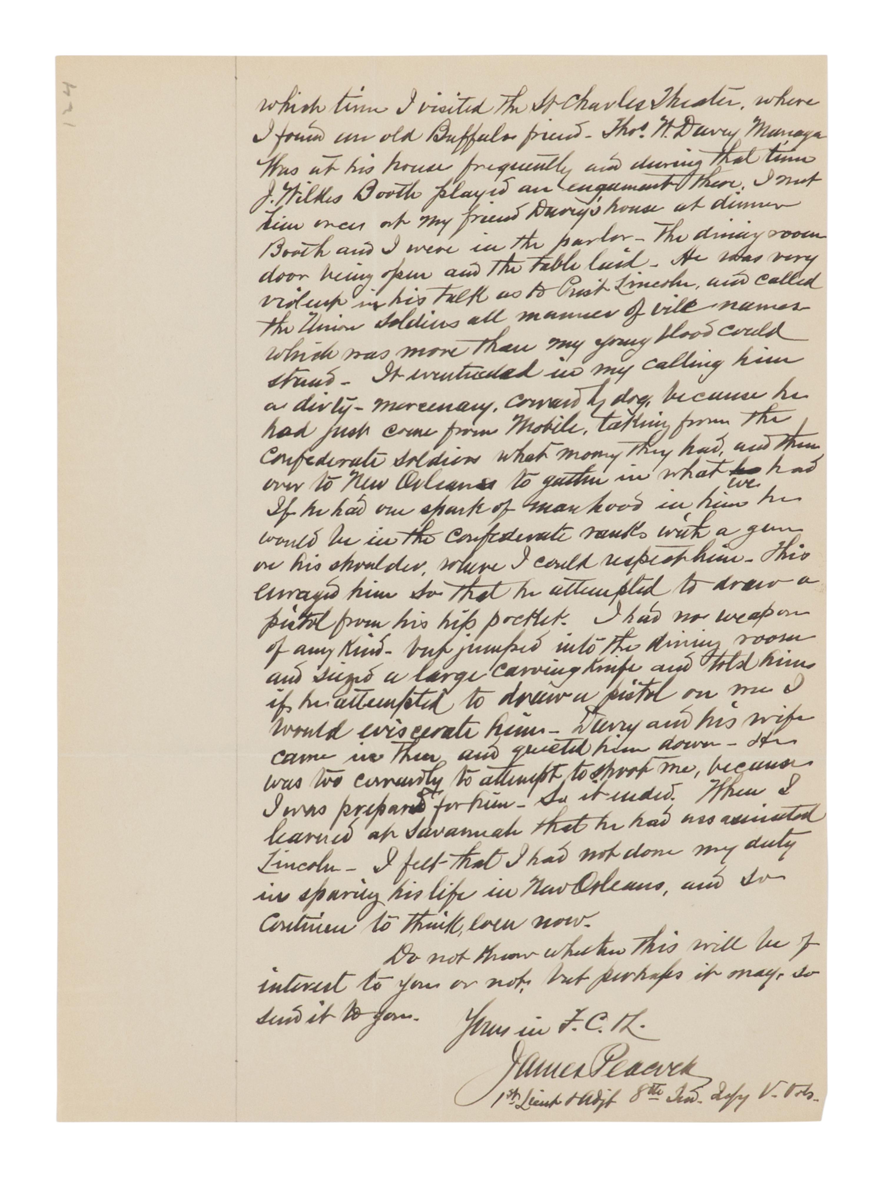 [BOOTH, John Wilkes (1838-1865)]. PEACOCK, James. Autograph letter signed ("James Peacock") to J.E. Boos. [Massilion], Ohio, 25 February 1914.
