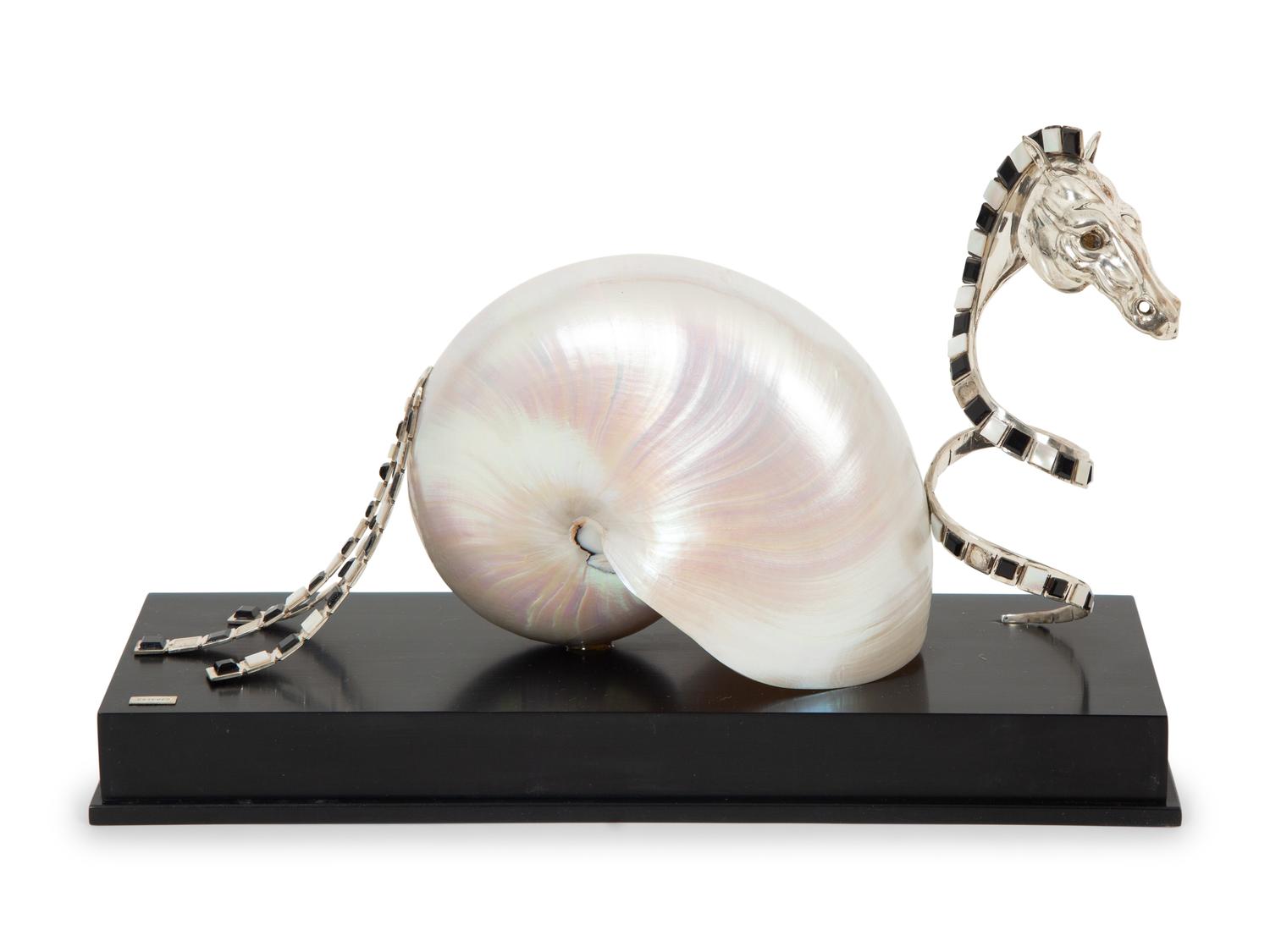 A Roberto Estevez Seahorse Nautilus Shell and Silver Sculpture