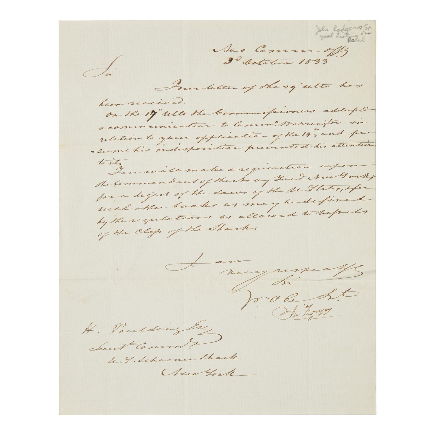 [Paulding, Hiram] Rodgers, John. Letter, signed