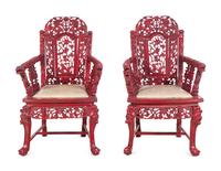 A Pair of Chinese Carved and Painted Wood Chairs