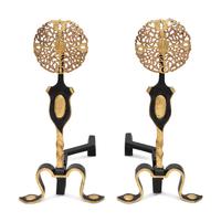 A Pair of Tudor Revival Parcel Gilt Wrought Iron Andirons