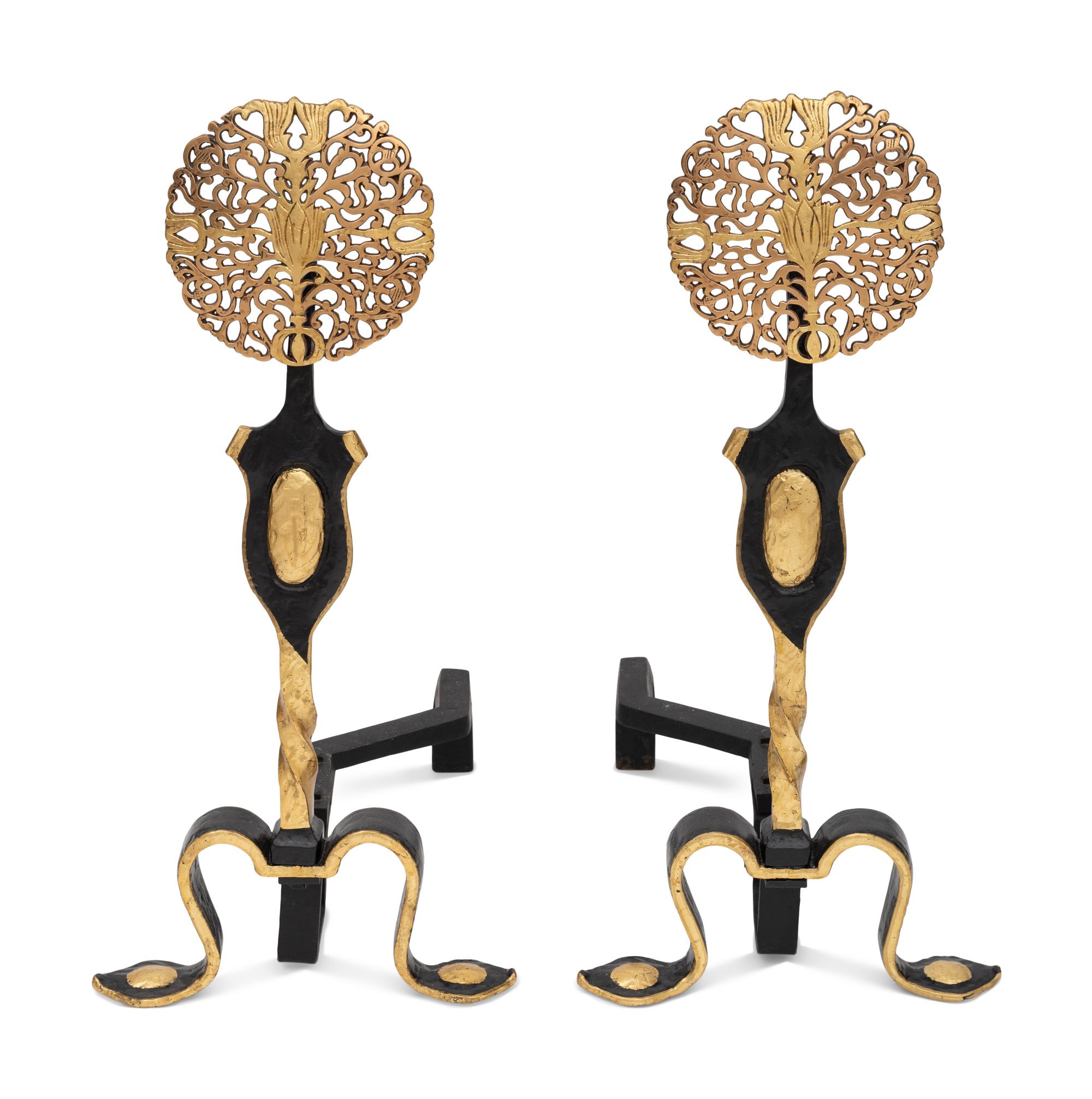 A Pair of Tudor Revival Parcel Gilt Wrought Iron Andirons
