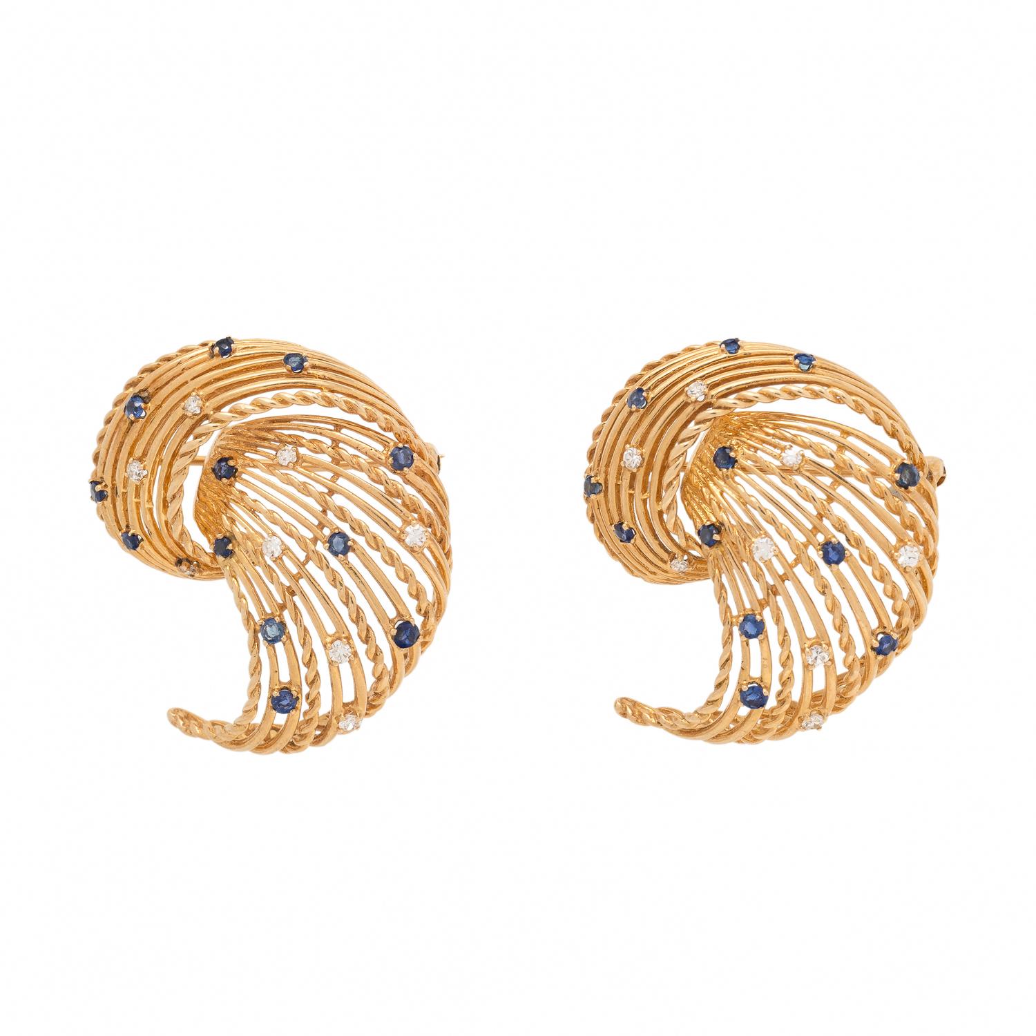 Pair of Yellow Gold, Sapphire, and Diamond Brooches