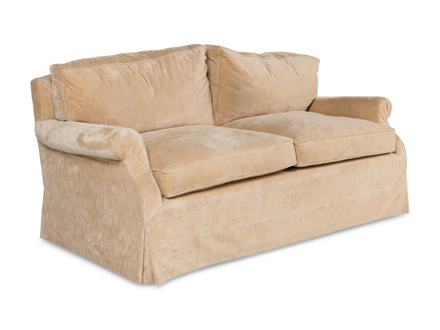 A Contemporary Velvet-Upholstered Two-Cushion Sofa