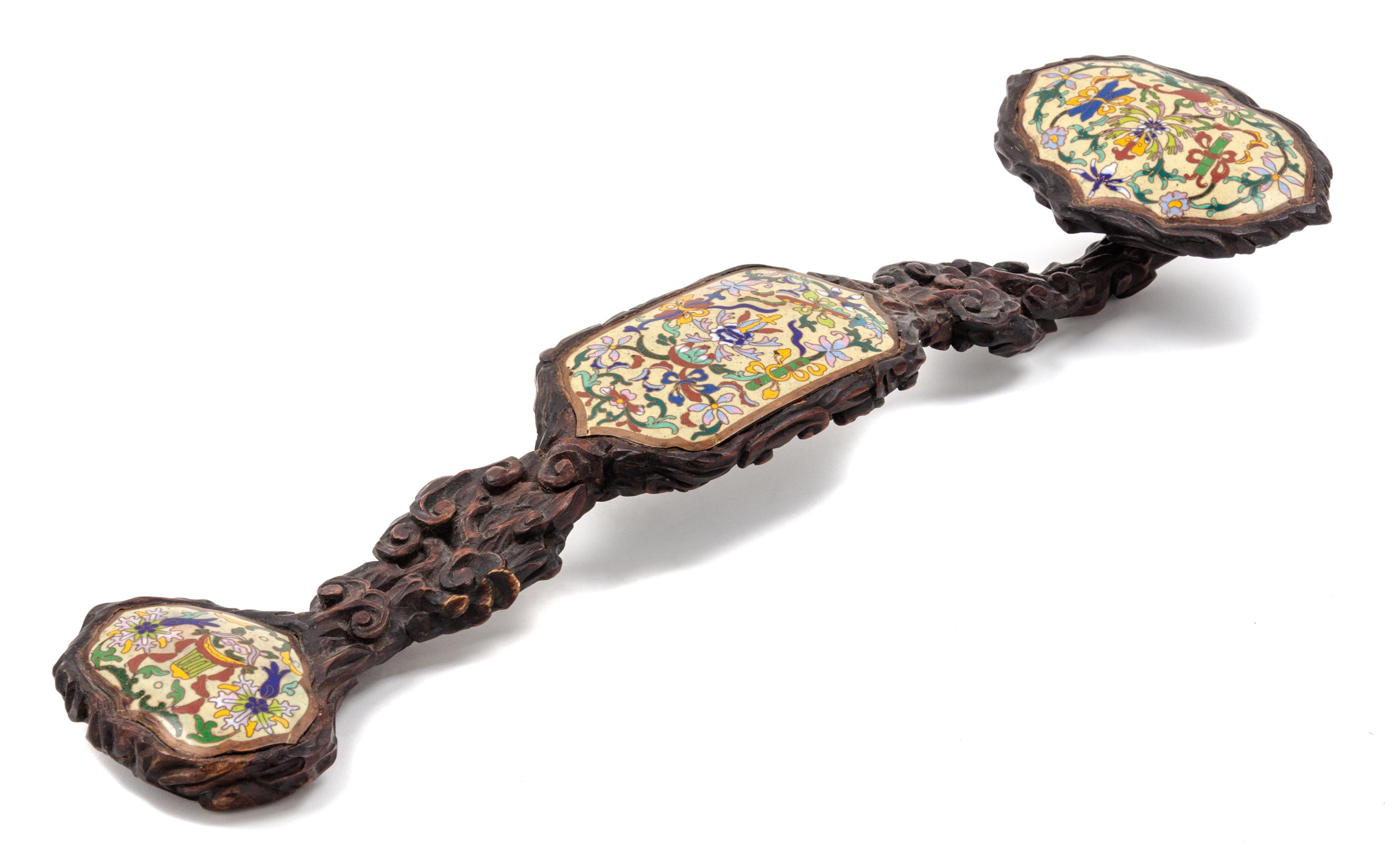 A Chinese Cloisonne Inset Carved Hardwood Ruyi Scepter Length 22 1/2 inches. — 19TH/20TH CENTURY