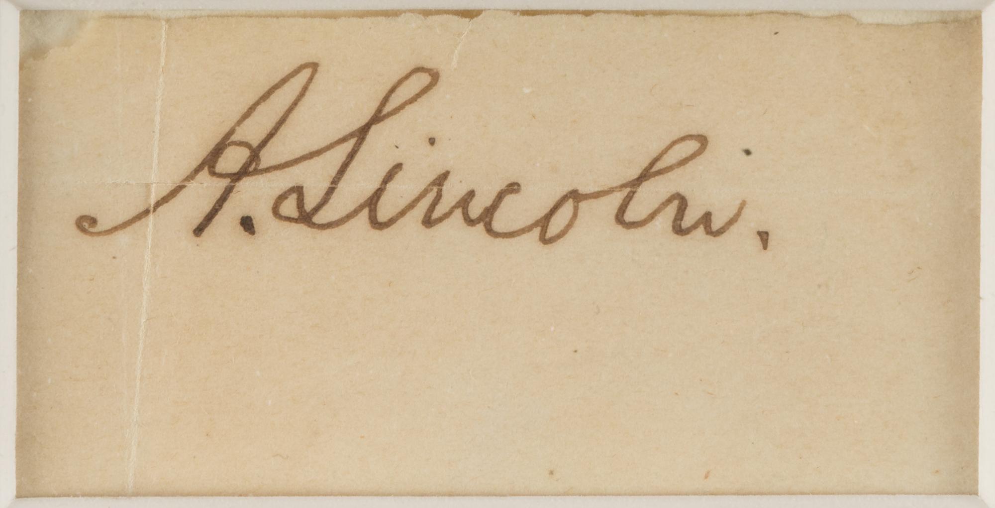 LINCOLN, Abraham (1809-1865). Signature ("A. Lincoln") cut from a document. N.d.