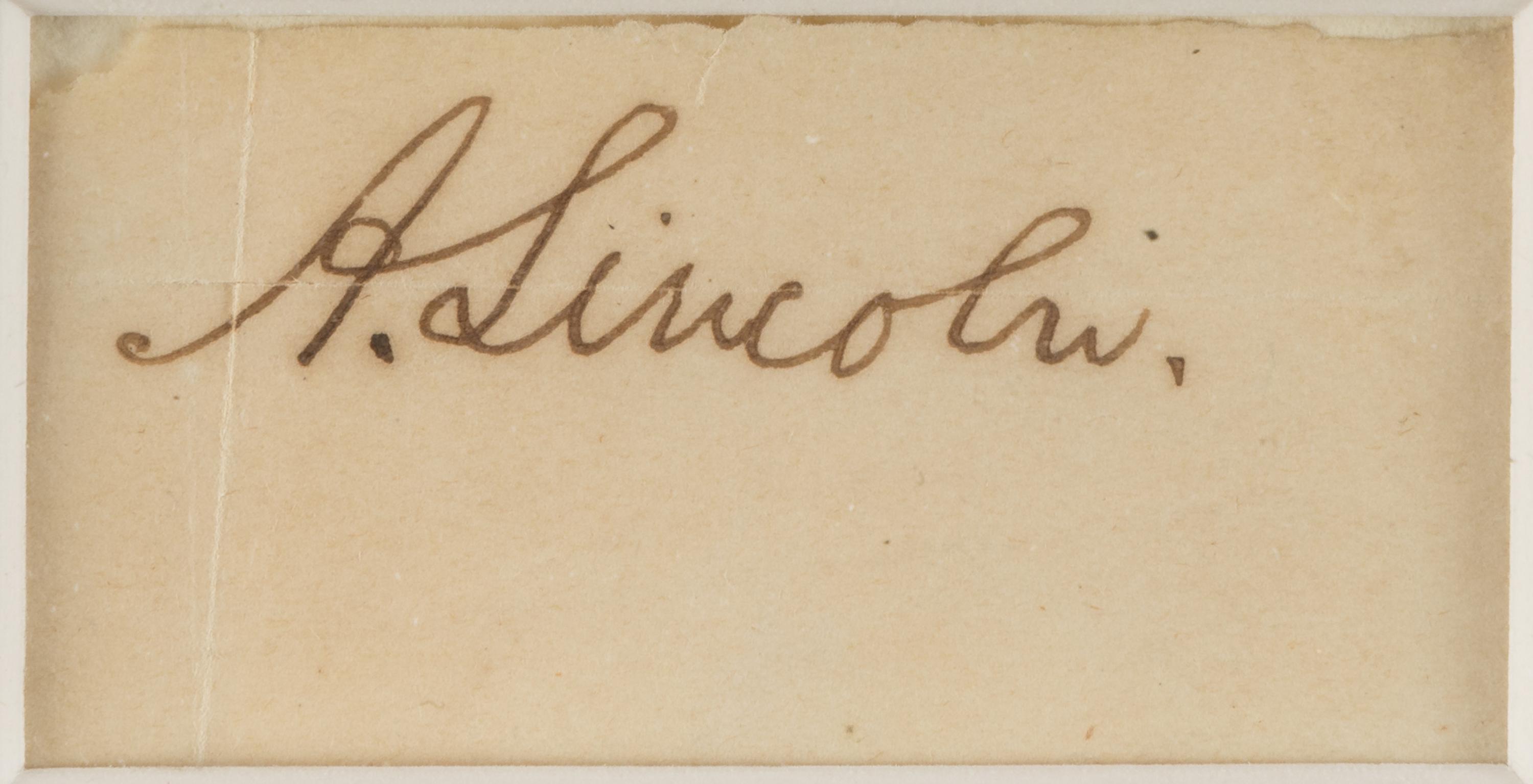 LINCOLN, Abraham (1809-1865). Signature ("A. Lincoln") cut from a document. N.d.
