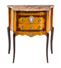 A Transitional Style Fruitwood and Marquetry Commode Height 30 x width 27 x depth 15 inches.
