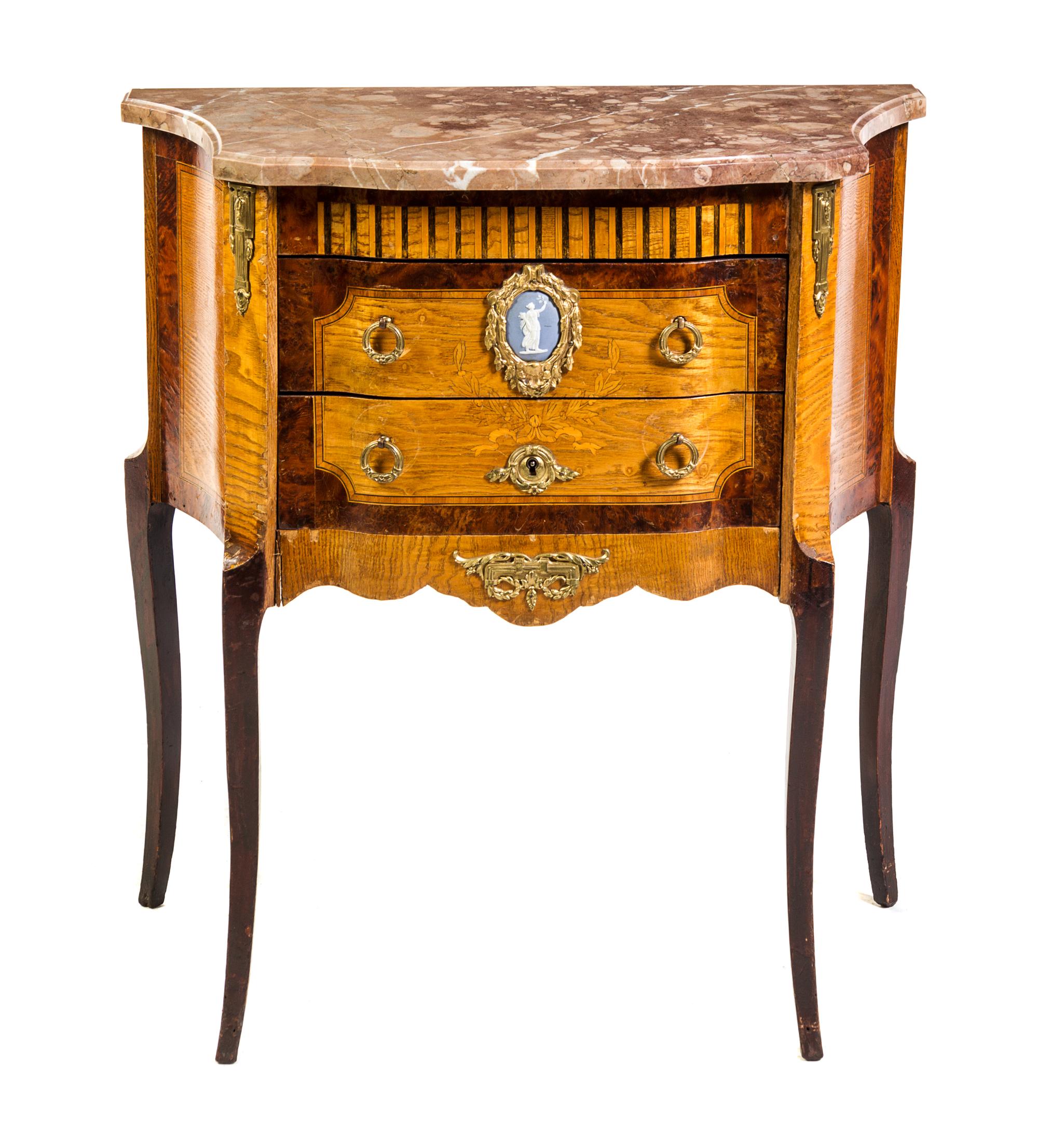 A Transitional Style Fruitwood and Marquetry Commode Height 30 x width 27 x depth 15 inches.