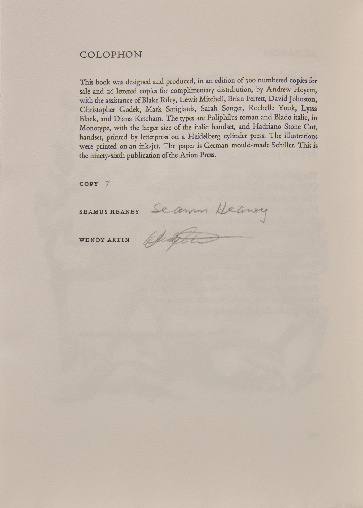 [FINE PRESS - ARION PRESS]. HEANEY, Seamus (1939-2013). Stone From Delphi . San Francisco: The Arion Press, 2012.