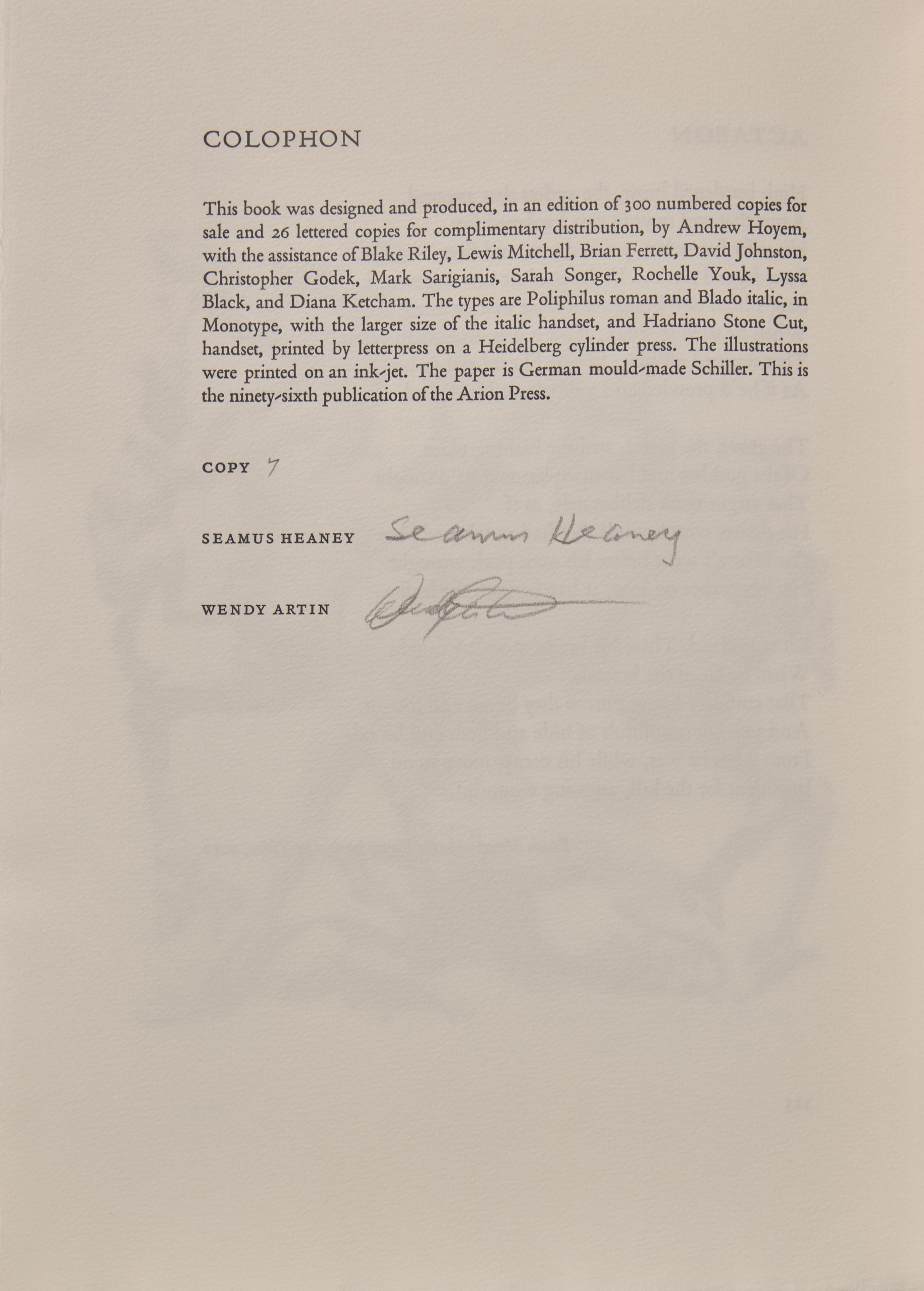 [FINE PRESS - ARION PRESS]. HEANEY, Seamus (1939-2013). Stone From Delphi . San Francisco: The Arion Press, 2012.