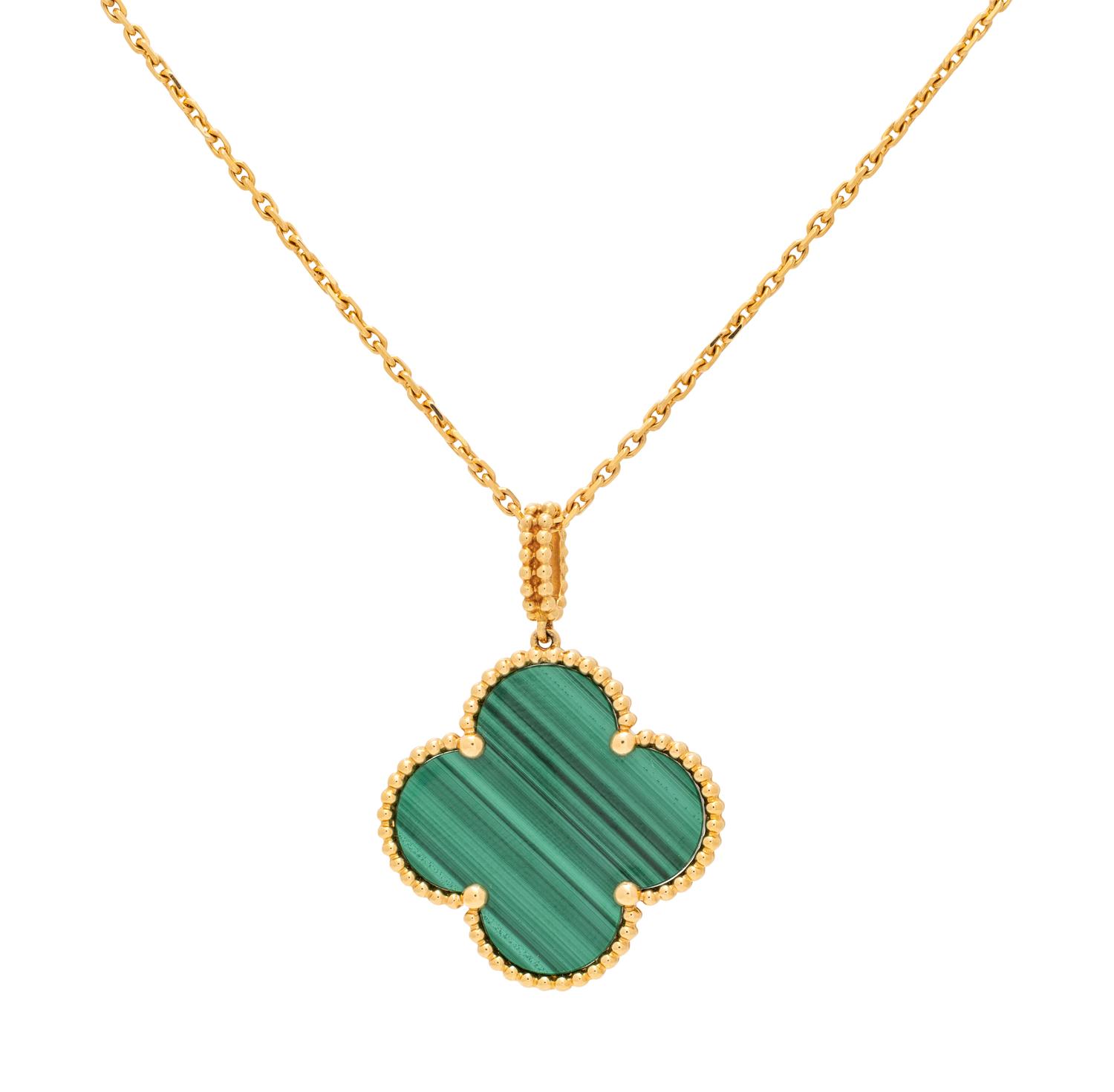 VAN CLEEF & ARPELS, YELLOW GOLD AND MALACHITE 'MAGIC ALHAMBRA' LONGCHAIN NECKLACE
