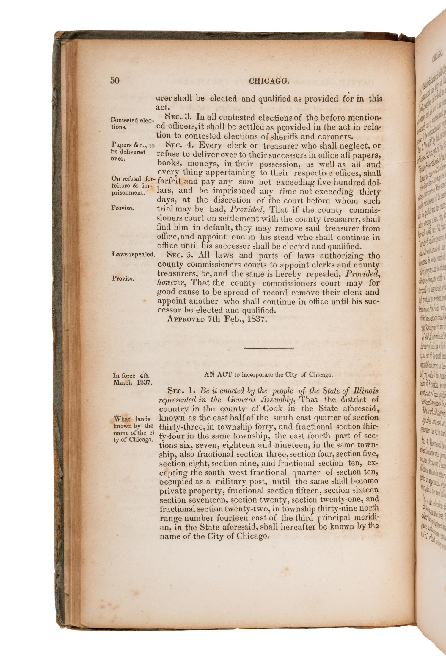 [CHICAGO]. Laws of the State of Illinois, Passed by the Tenth General Assembly, at their Session Commencing December 5, 1836, and ending March 6, 1837 . Vandalia: William Walters, 1837.