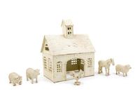 A Painted Metal Toy Barn and Animals