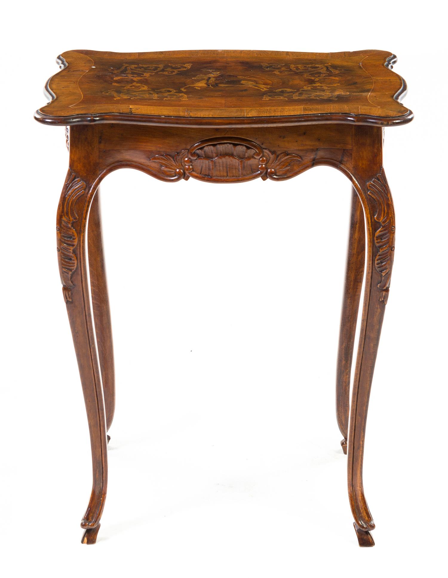 A French Marquetry Occasional Table, Height 29 1/2 x width 23 1/4 x depth 16 3/4 inches.