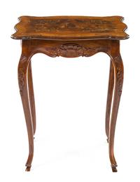 A French Marquetry Occasional Table, Height 29 1/2 x width 23 1/4 x depth 16 3/4 inches.