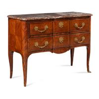 A Régence Style Gilt Bronze Mounted Tulipwood Parquetry Marble-Top Commode
