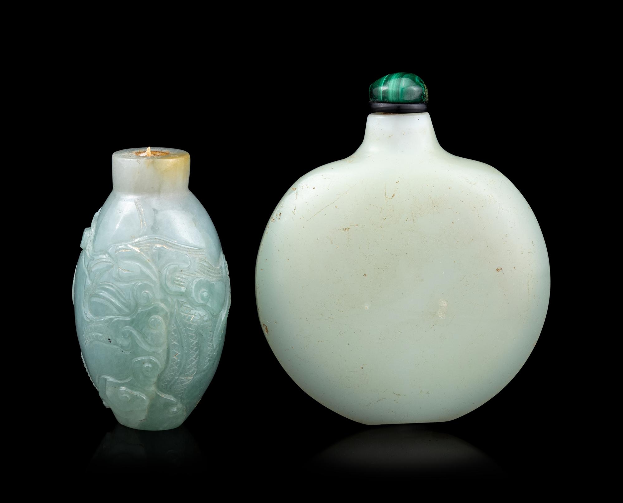 Two Chinese Jade and Jadeite Snuff Bottles