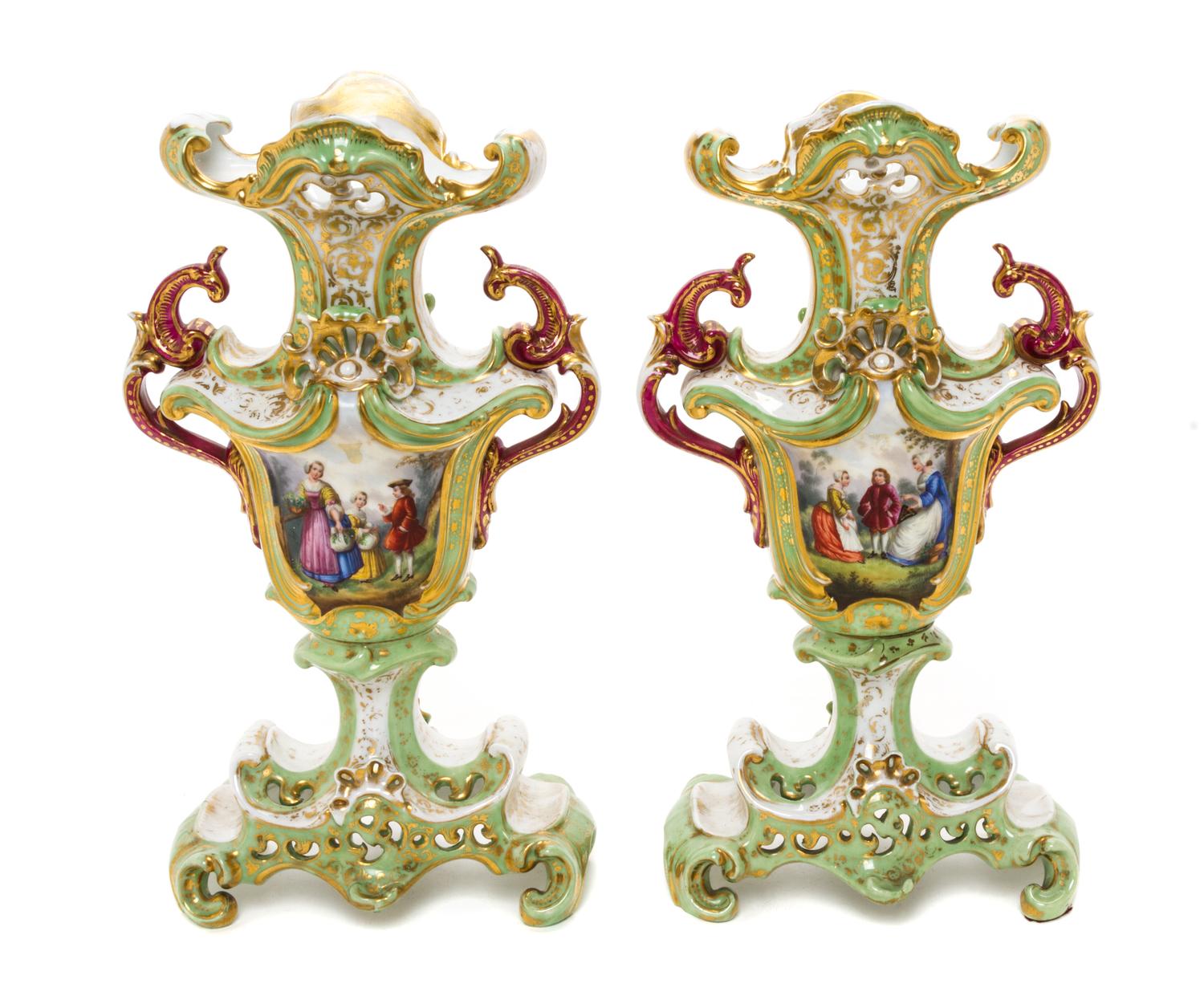 A Pair of Paris Porcelain Vases, Height 14 3/4 inches.